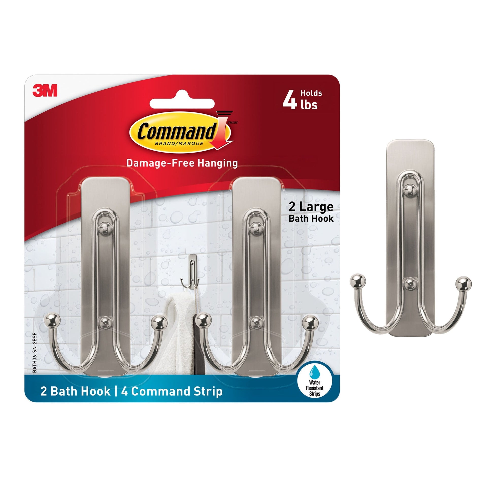 Command Large Double Bathroom Wall Hook, Satin Nickel, Damage Free Hanging, 1 Metal Hook