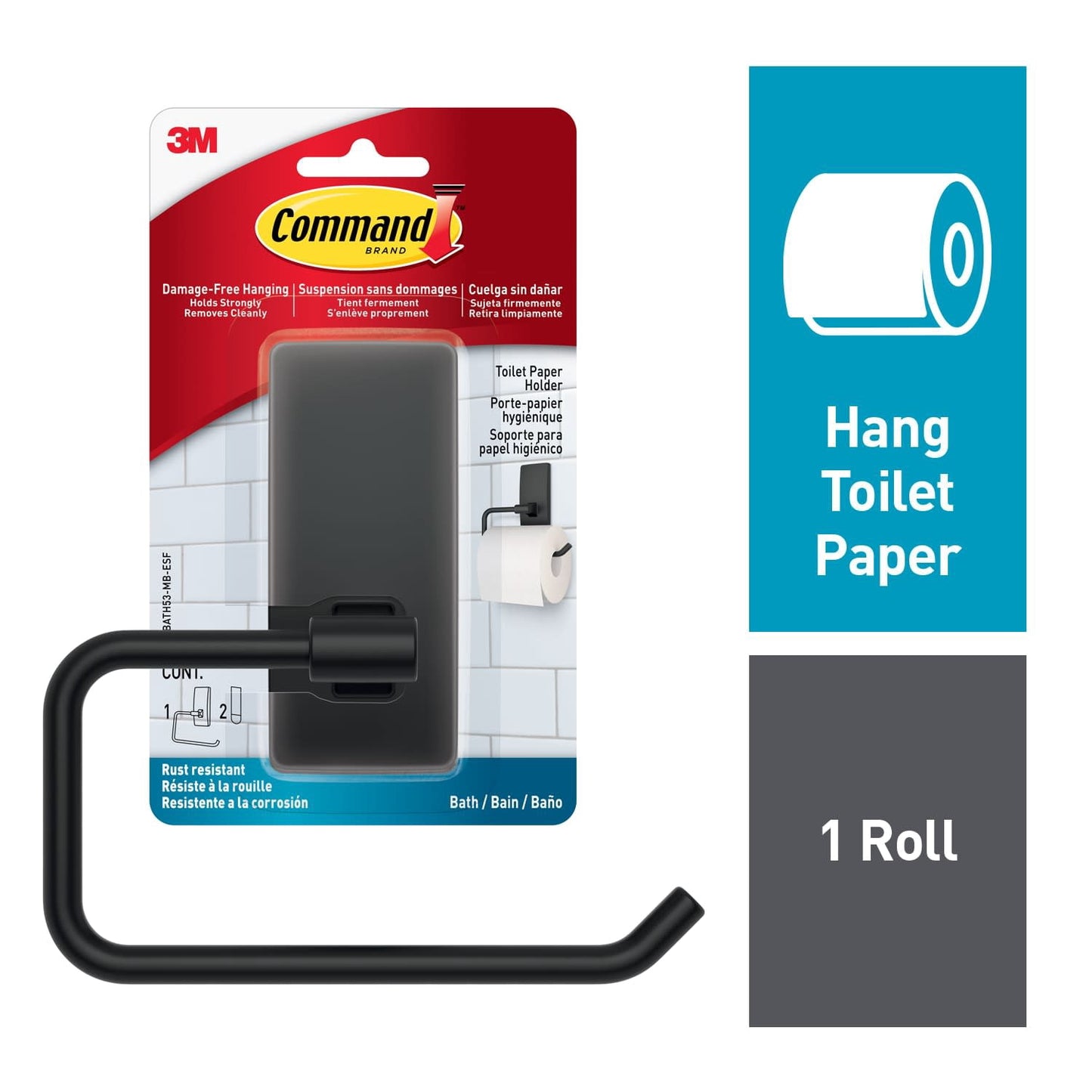 Command Portarrollos de Papel HigiÃ©nico Negro Mate para BaÃ±o, 1 Portarrollos de Papel HigiÃ©nico, 2 Tiras