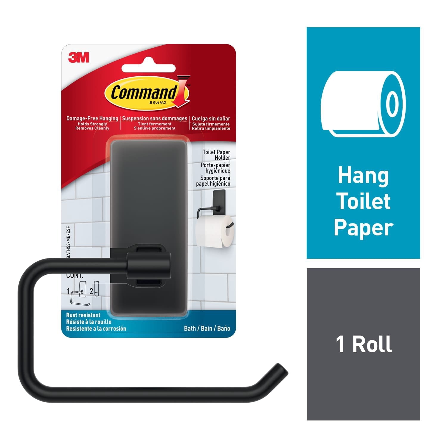 Command Portarrollos de Papel HigiÃ©nico Negro Mate para BaÃ±o, 1 Portarrollos de Papel HigiÃ©nico, 2 Tiras