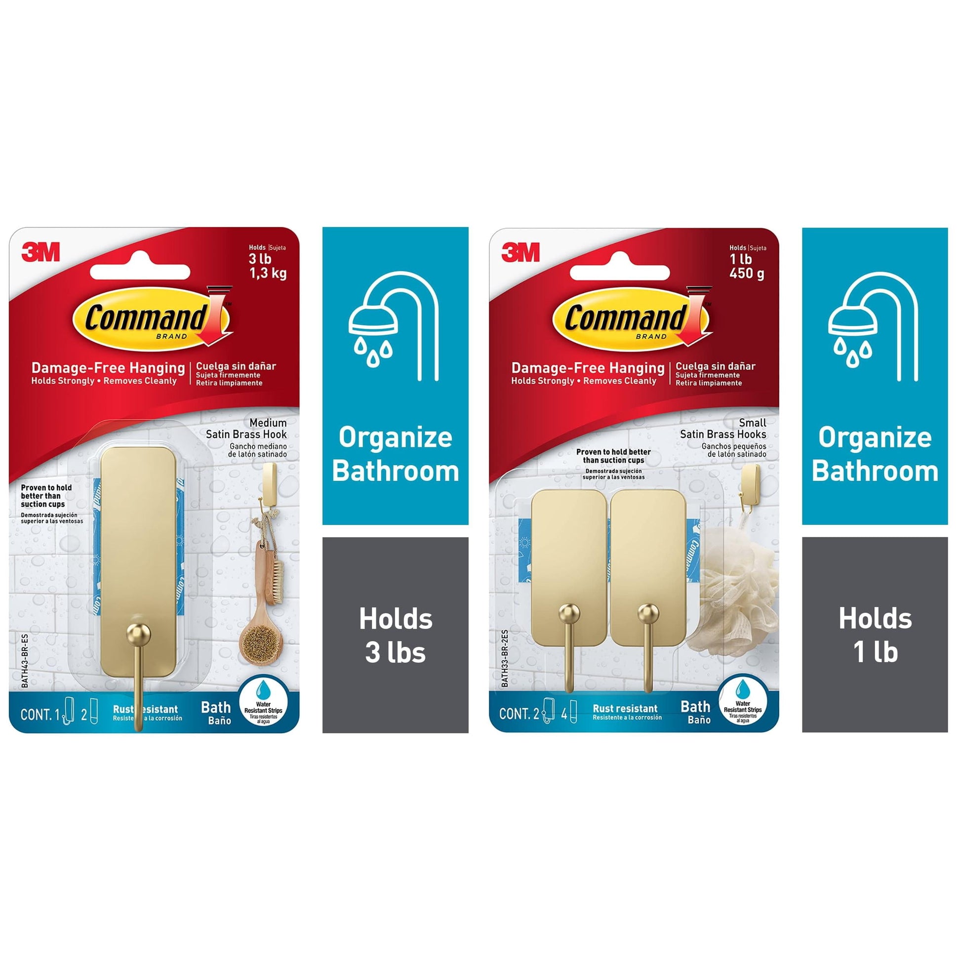 Command Bath Medium Brass Finish 1 Hook and Command Bath Small Brass Finish Hook, 2 Pack
