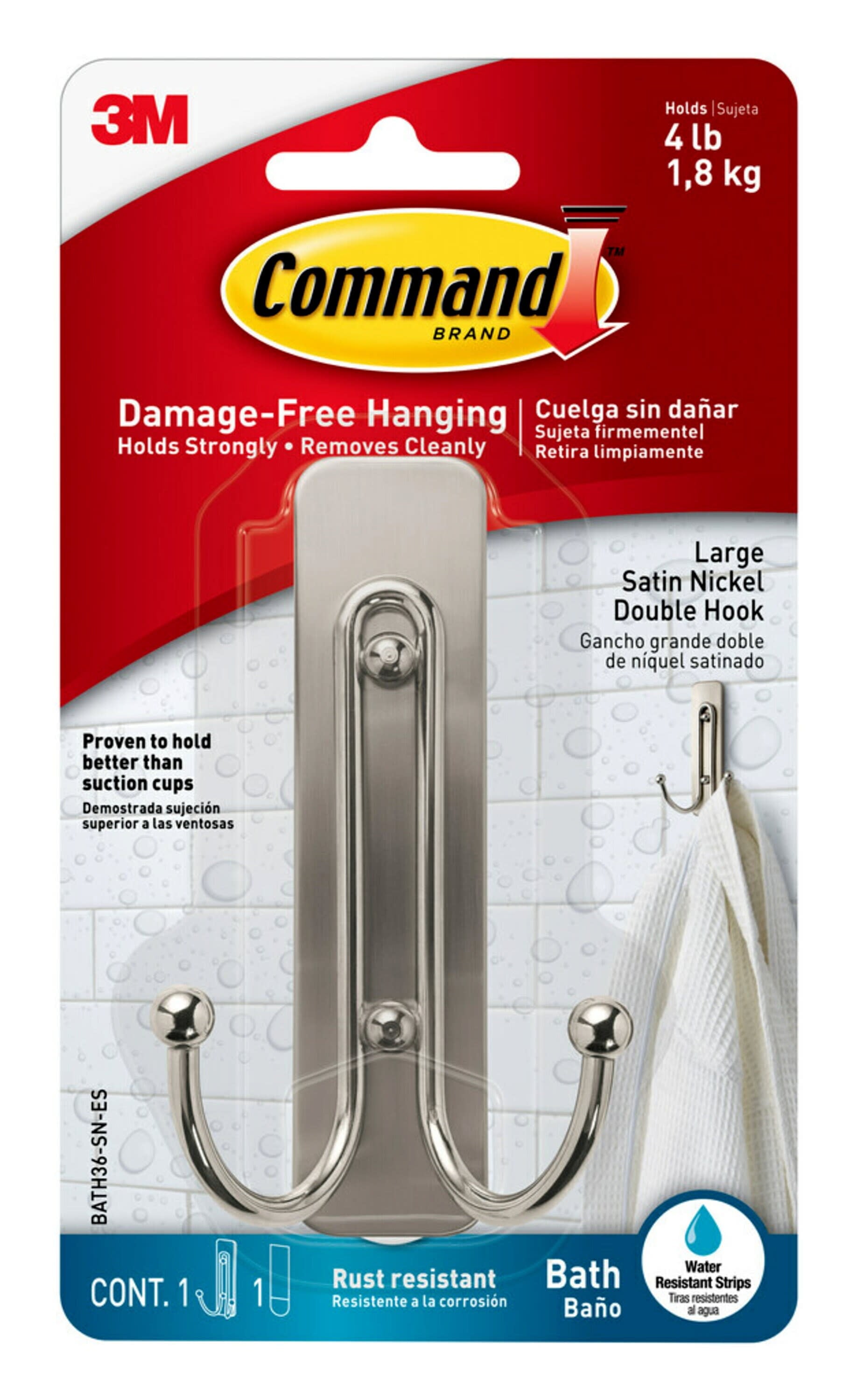 Command Bath Medium Hooks, Satin Nickel, 2 Wall Hooks and Command Large Double Bathroom Wall Hook, Satin Nickel