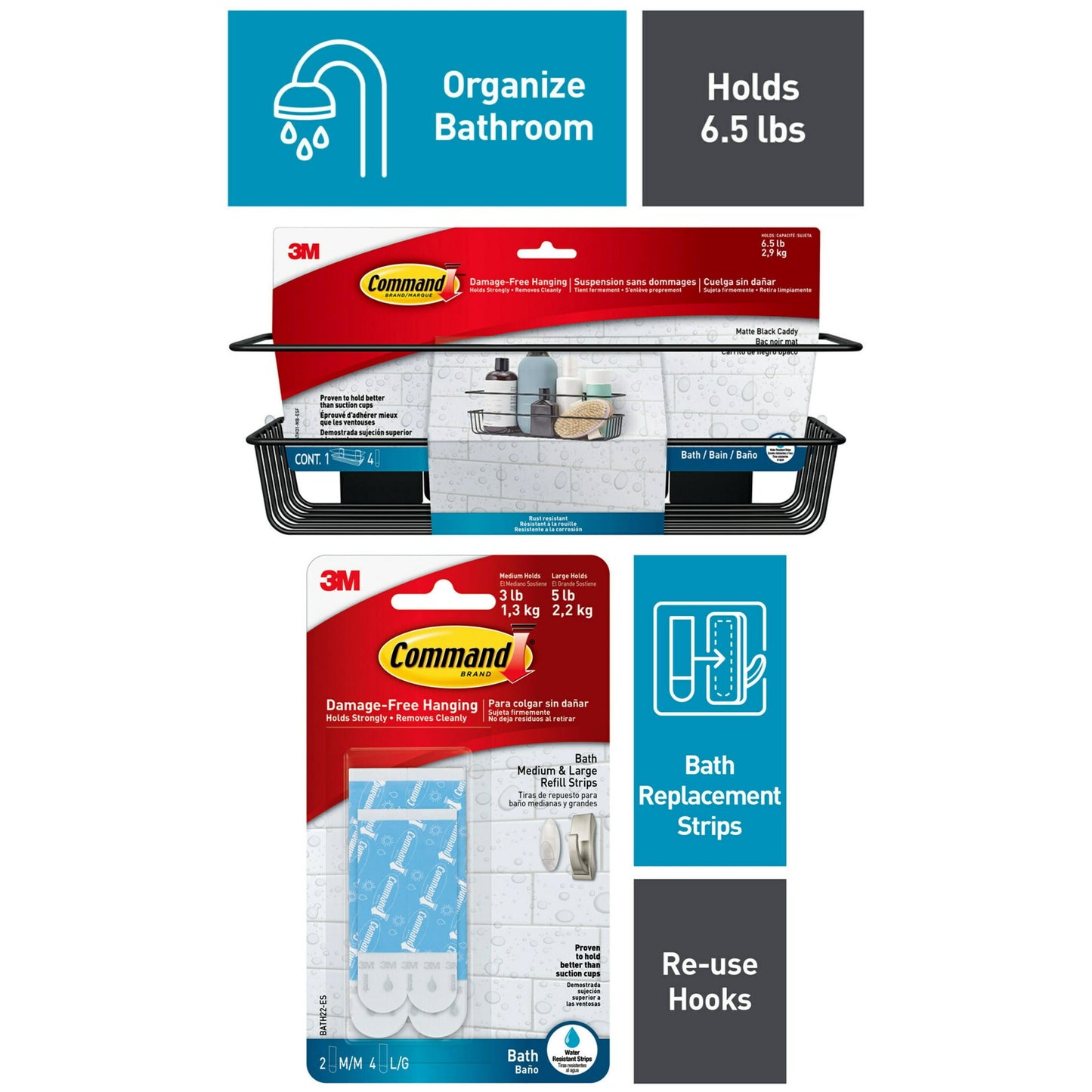 Command Bath Shower Caddy Matte Black, 1 Caddy and Command Water Resistant Strips, White, 2 Medium, 4 Large