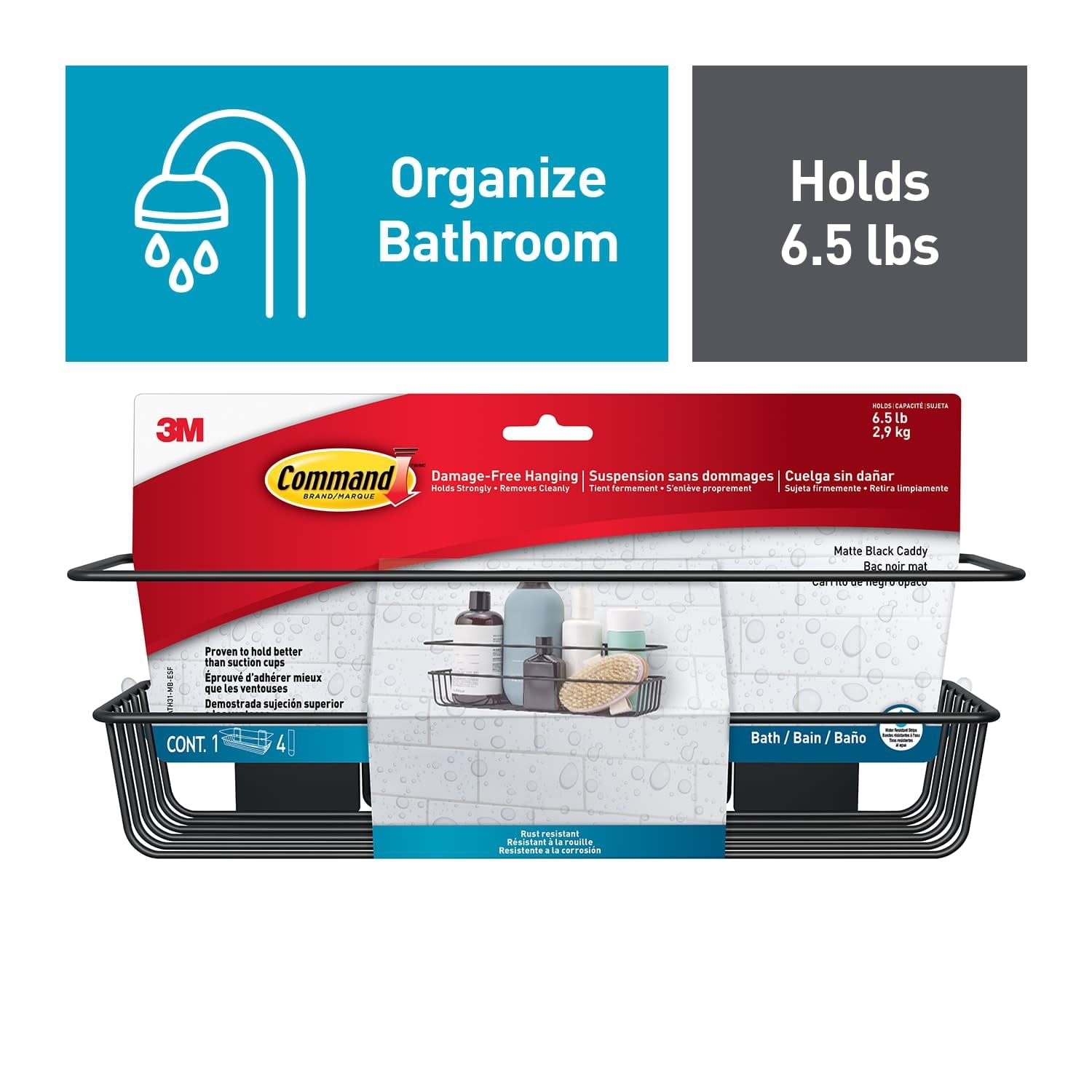 Command Bath Shower Caddy Matte Black, 1 Caddy