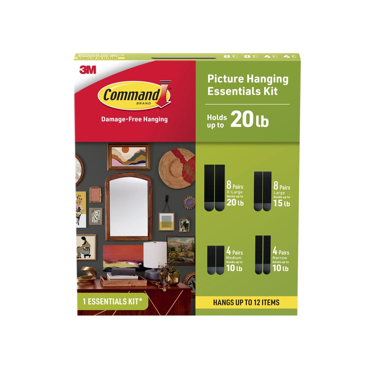 Command White Picture Hangers Kit, Holds up to 20 lb., 4 Sizes of Strips, Hangs up to 12 Items