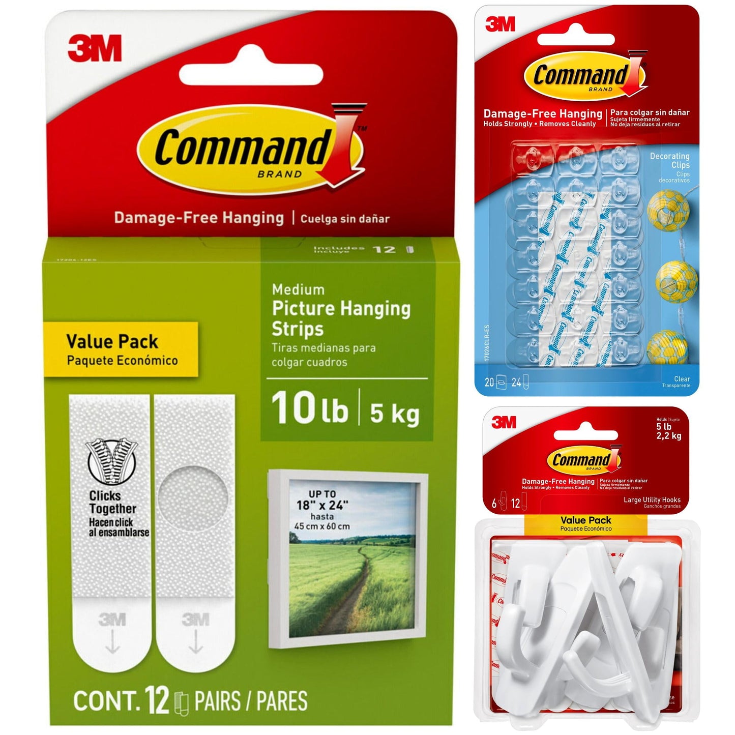 Command Bundle: Medium Picture Hanging Strips 12 Pairs, Clear Decorating Clips 20 Pack, Large Utility Hooks 6 Pack