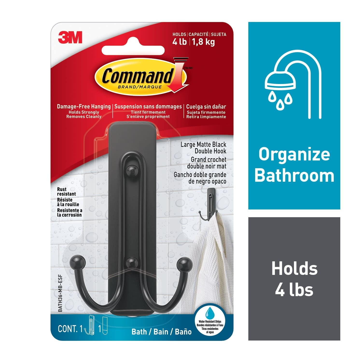 Command Gancho Grande Doble para Pared de BaÃ±o, Negro, sin DaÃ±os, 1 Gancho de Metal