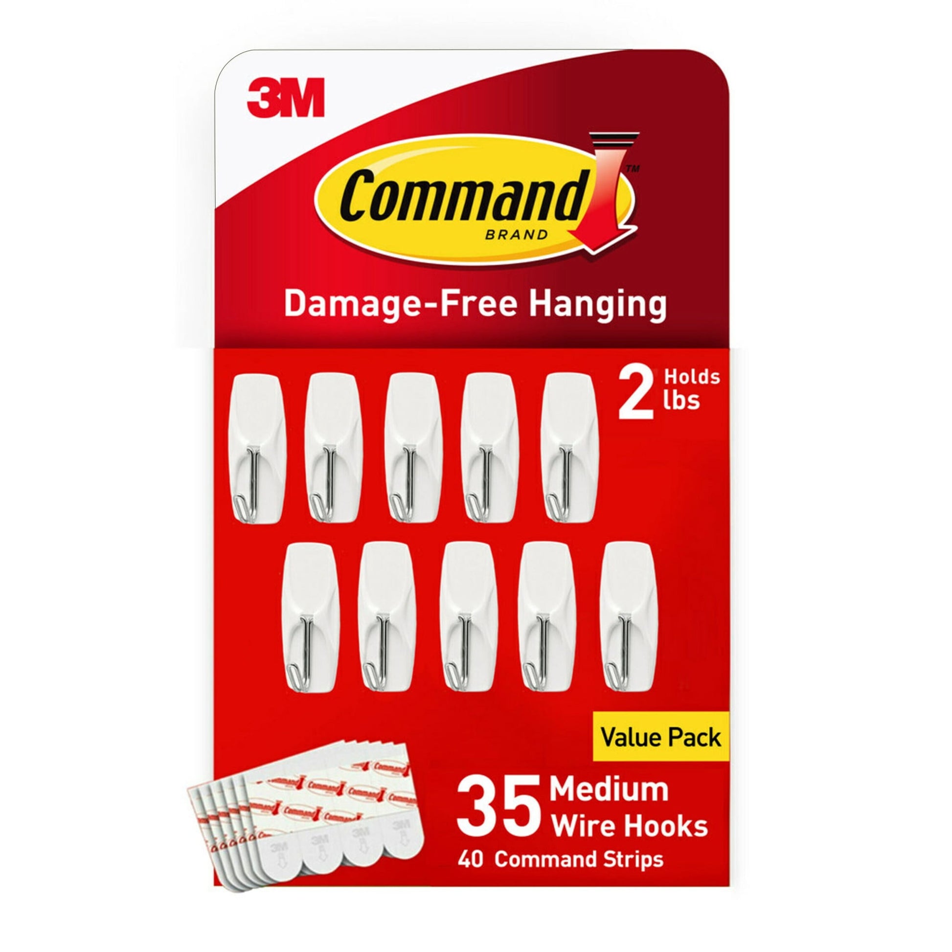 CommandÂ® Medium Wire Hooks, 35 Hooks, 40 White Adhesive Strips, Damage Free Hanging Picture Hangers, No Tools Wall Hanging Strips For Living Spaces