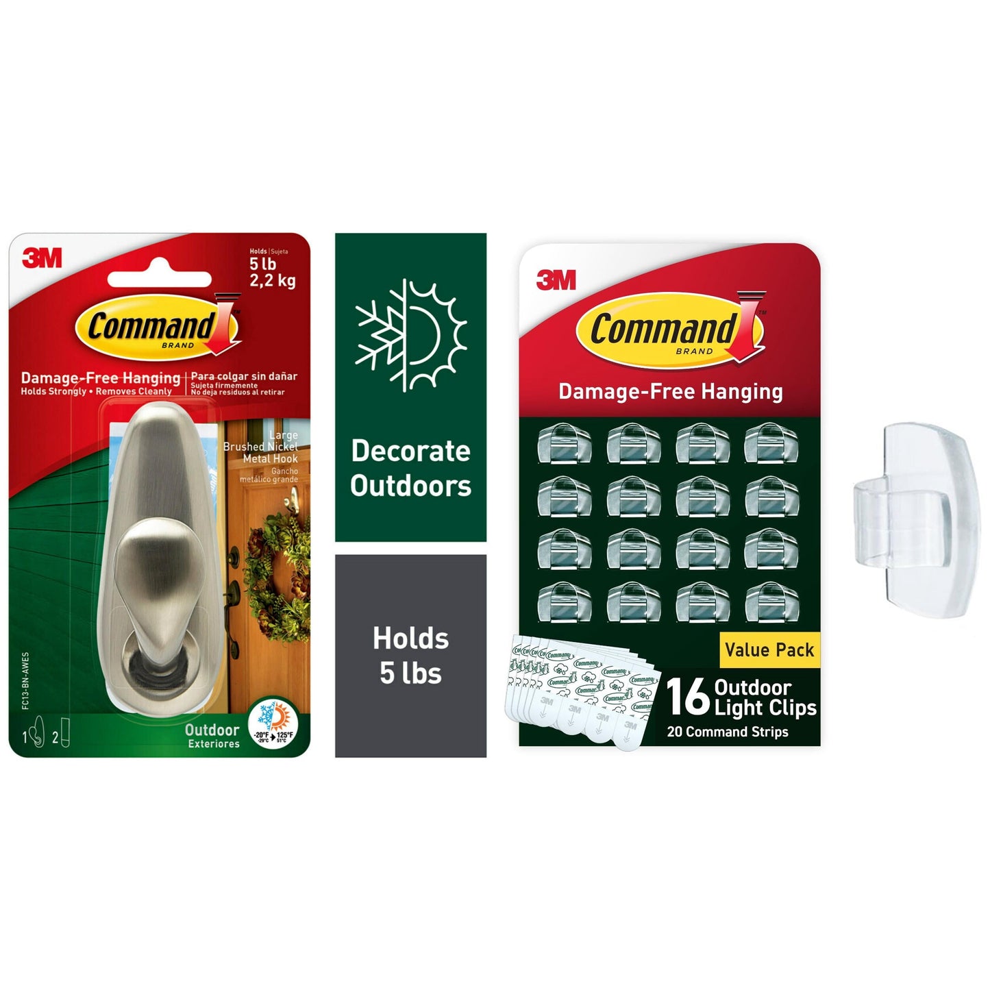 Command Outdoor Holiday DÌ©cor Bundle with 1 Large Brushed Nickel Hook and 16 Outdoor Light Clips