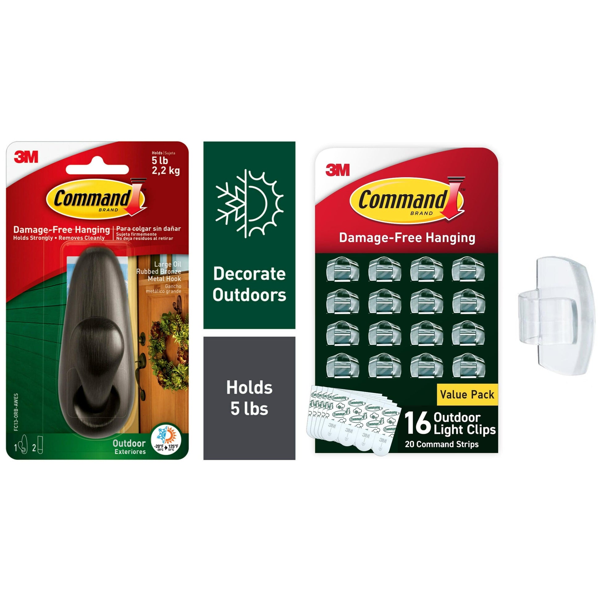 Command Outdoor Holiday DÌ©cor Bundle with 1 Large Oil Rubbed Bronze Hook and 16 Outdoor Light Clips