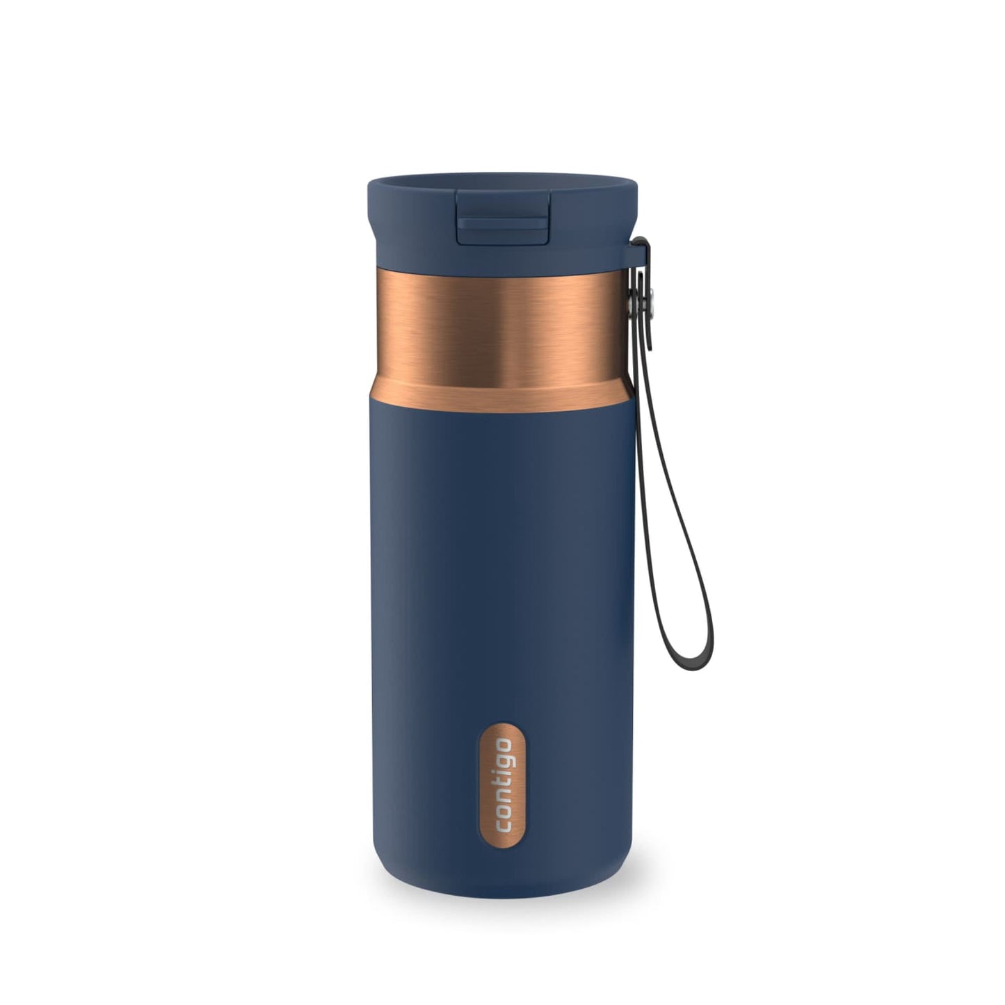 Contigo SnapSeal Leakproof Stainless Steel Reusable Water Bottle with Carrying Strap, Dark Blue/Bronze, 16 oz