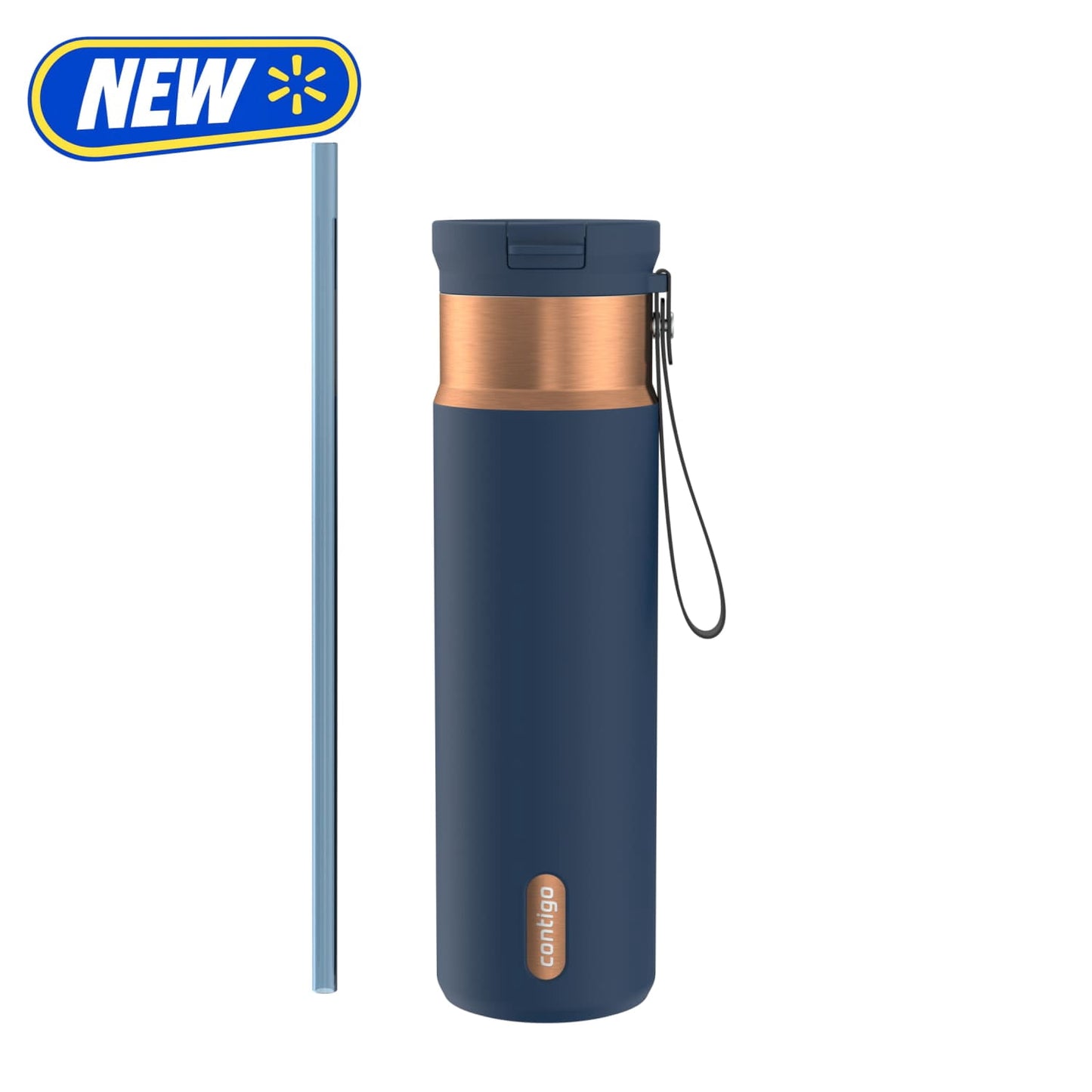 Contigo SnapSeal Leakproof Stainless Steel Reusable Water Bottle with Carrying Strap, Dark Blue/Bronze, 24 oz