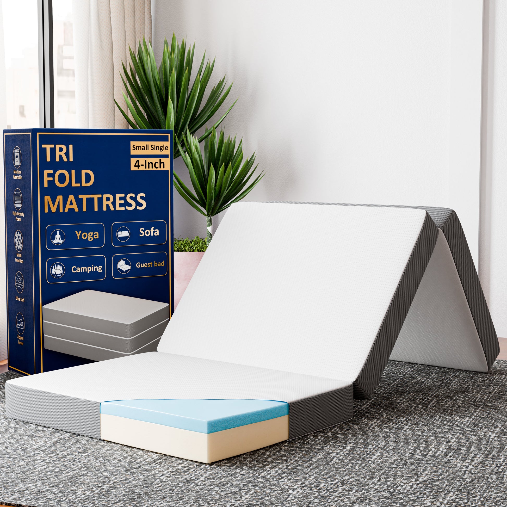 Continental Sleep, 4-Inch Tri-Folding Gel Memory Foam Portable Floor Mattress, Breathable Mesh, Ultra Soft, Removable and Washable Cover, Comfortable Support, 25-Inch, White