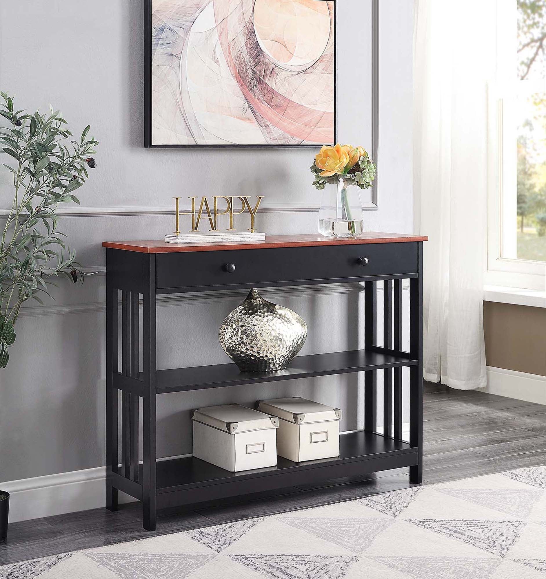 Convenience Concept Cherry Mission 1 Drawer Console Table with Shelves in Cherry/Black Wood Finish