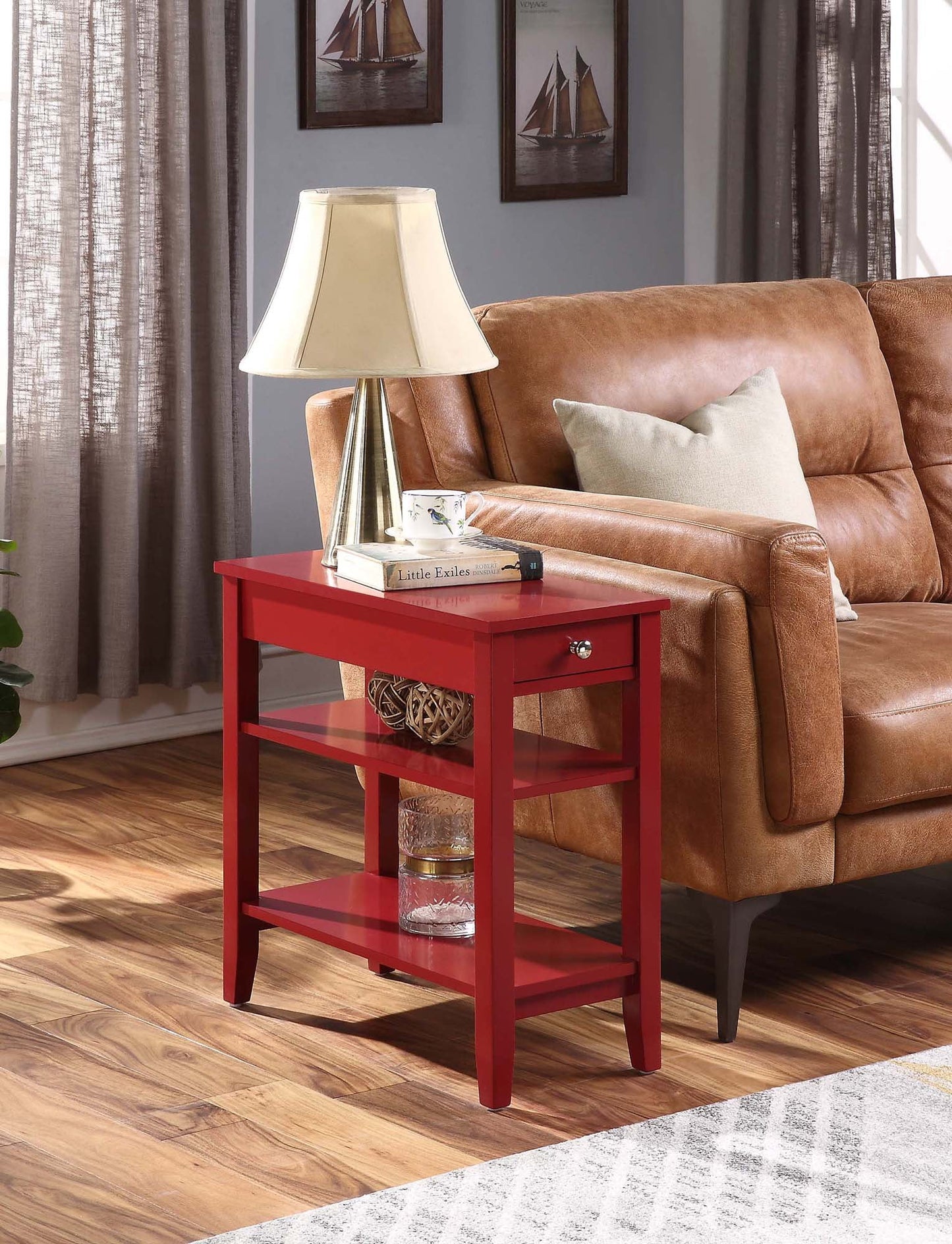 Convenience Concepts American Heritage 1 Drawer Chairside End Table with Shelves, Cranberry Red
