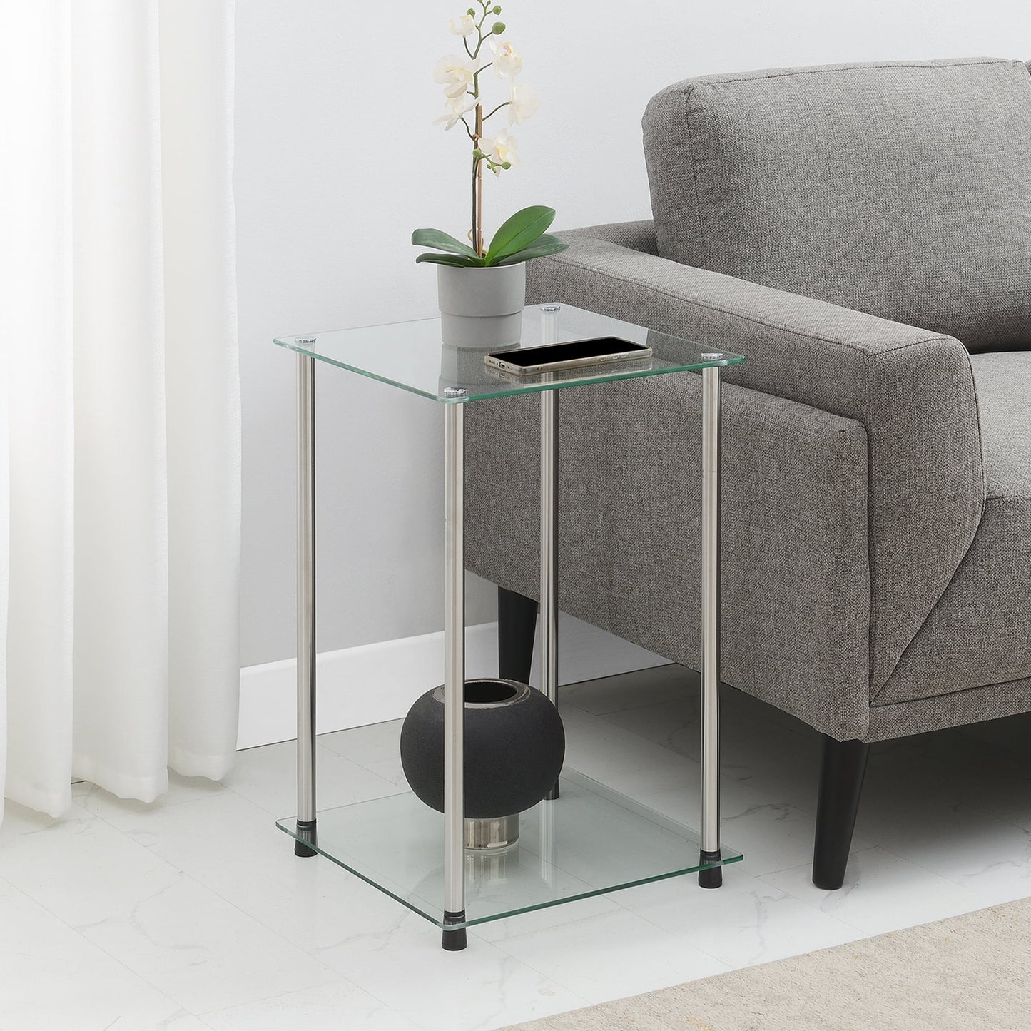 Convenience Concepts Designs2Go Classic Glass 2 Tier Square End Table, Glass/Chrome
