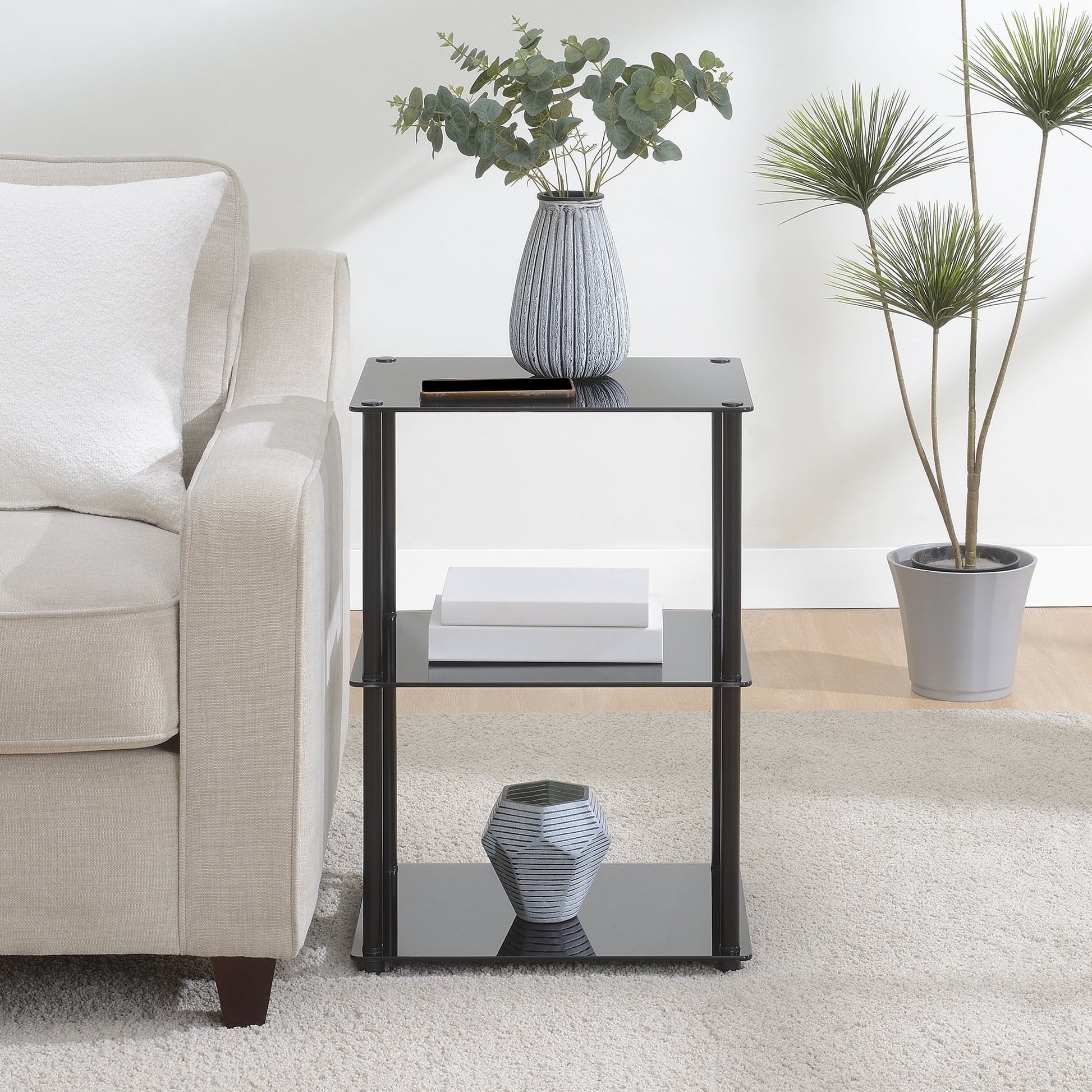 Convenience Concepts Designs2Go Classic Glass Tall 3 Tier End Table, Black Glass