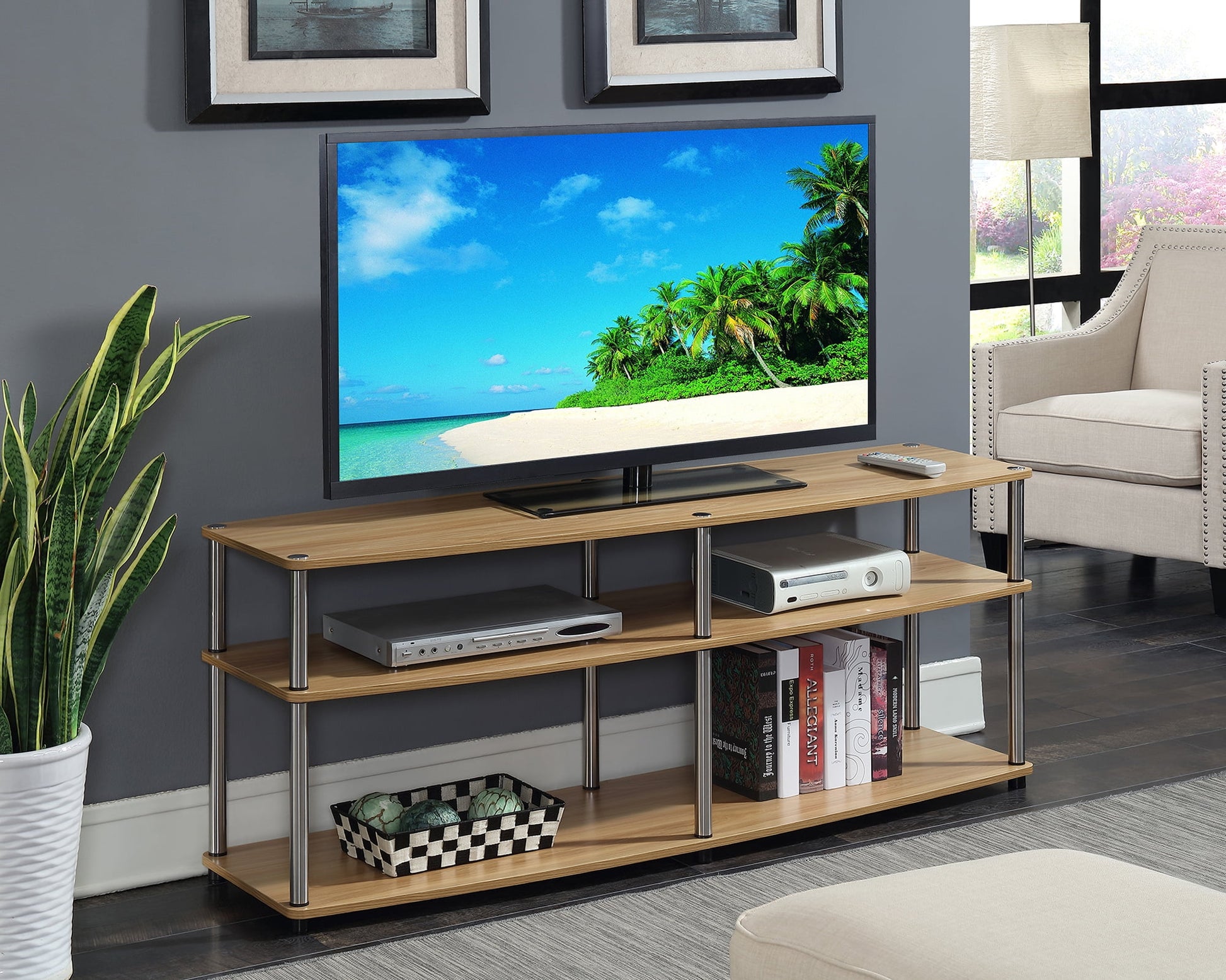 Convenience Concepts Designs2Go Mueble para TV Ancho de 3 Niveles sin Herramientas para TVs de hasta 65 Pulgadas, Roble Claro