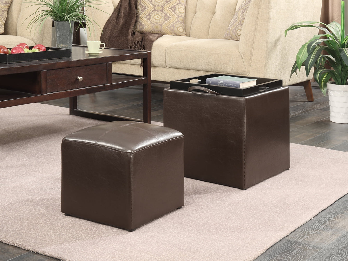 Convenience Concepts Designs4Comfort Park Avenue Single Ottoman with Stool and Reversible Tray, Espresso Faux Leather