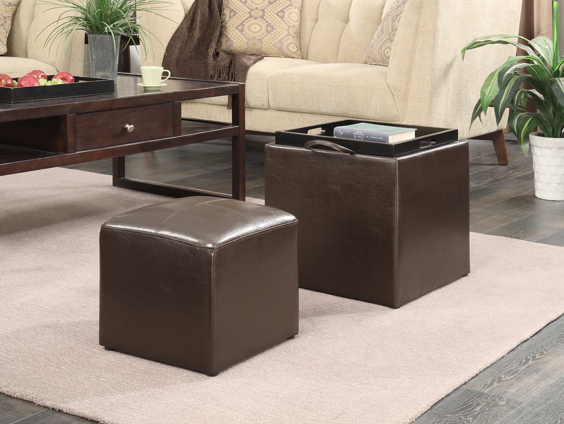 Convenience Concepts Designs4Comfort Park Avenue Single Ottoman with Stool and Reversible Tray, Espresso Faux Leather