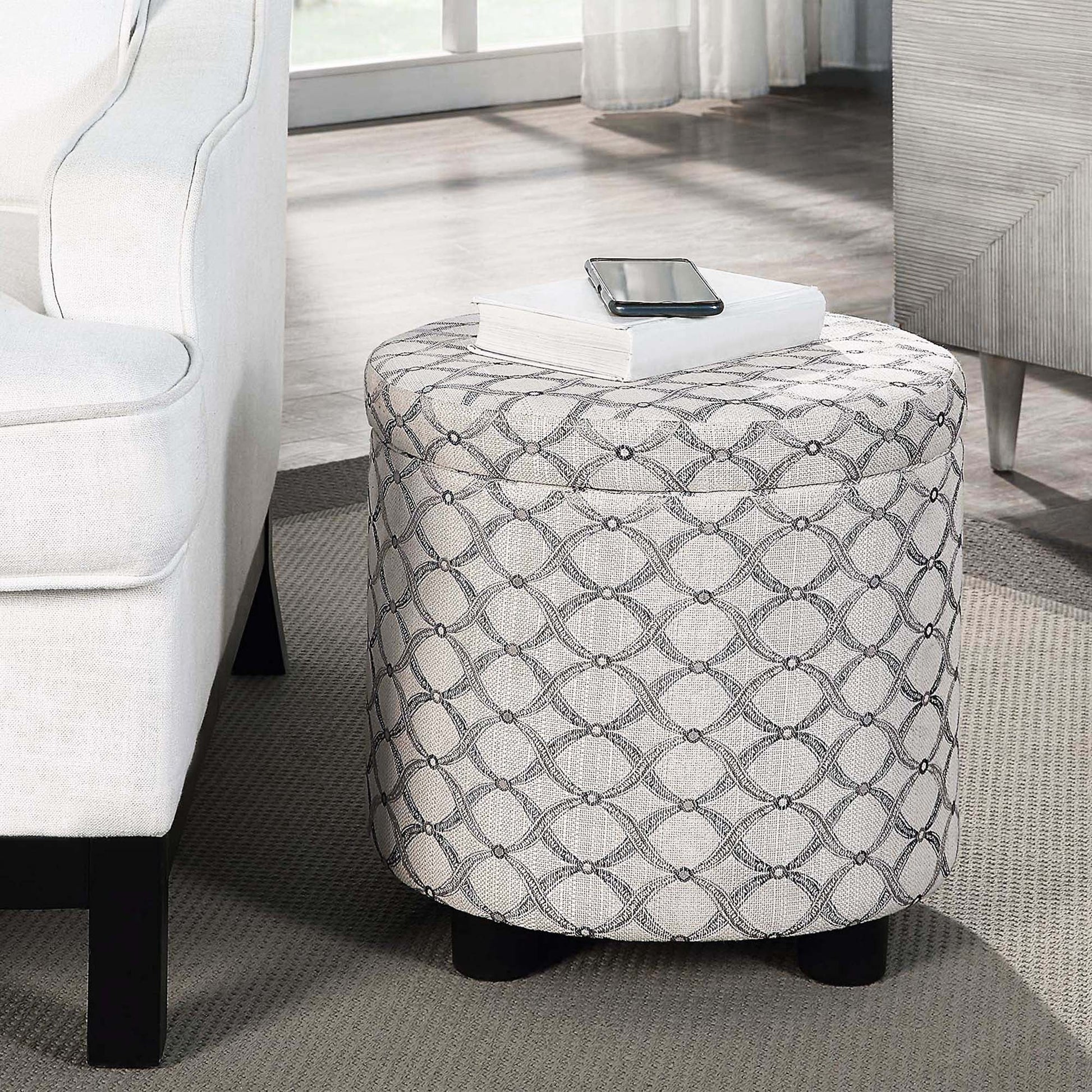 Convenience Concepts Designs4Comfort Round Accent Storage Ottoman with Reversible Tray Lid, Ribbon Pattern Fabric