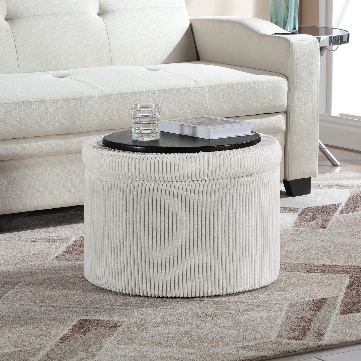 Convenience Concepts Designs4Comfort Round Corduroy Shoe Storage Ottoman with Reversible Tray Table Lid, Ivory