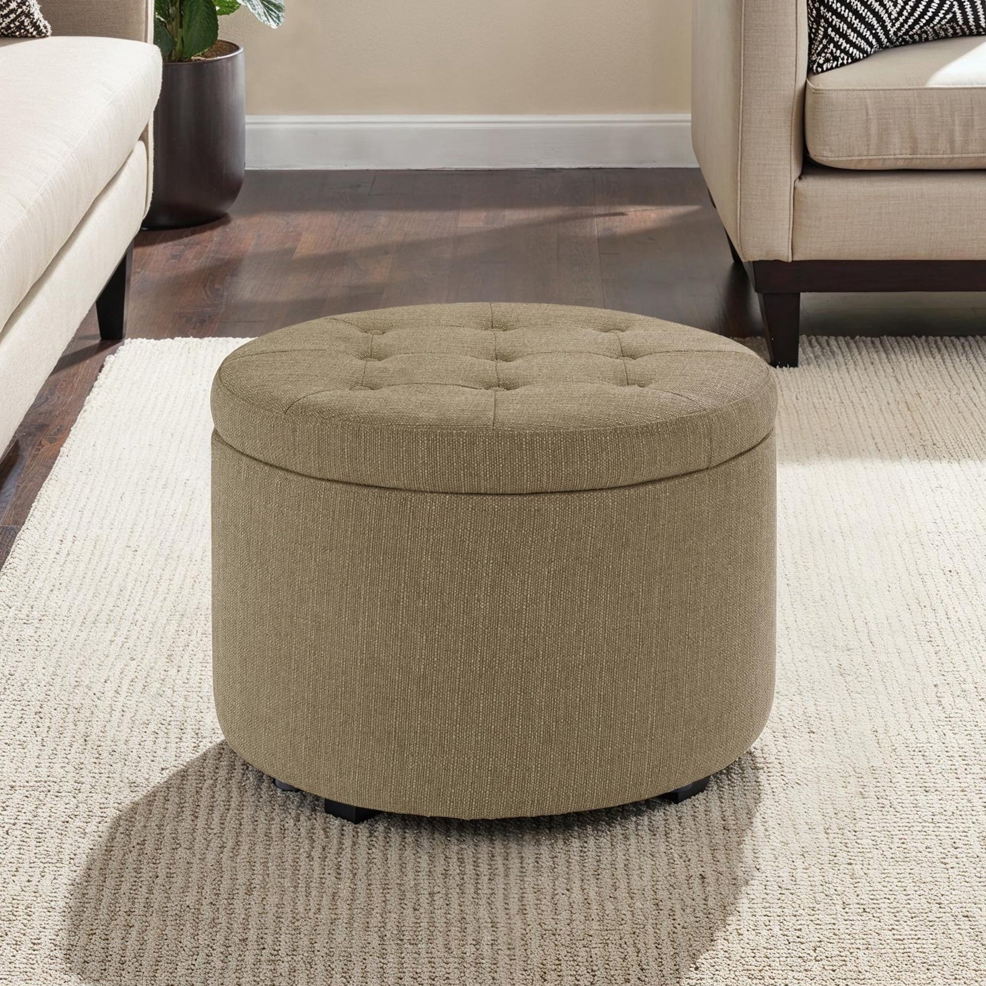Convenience Concepts Designs4Comfort Round Shoe Storage Ottoman, Sandstone Linen