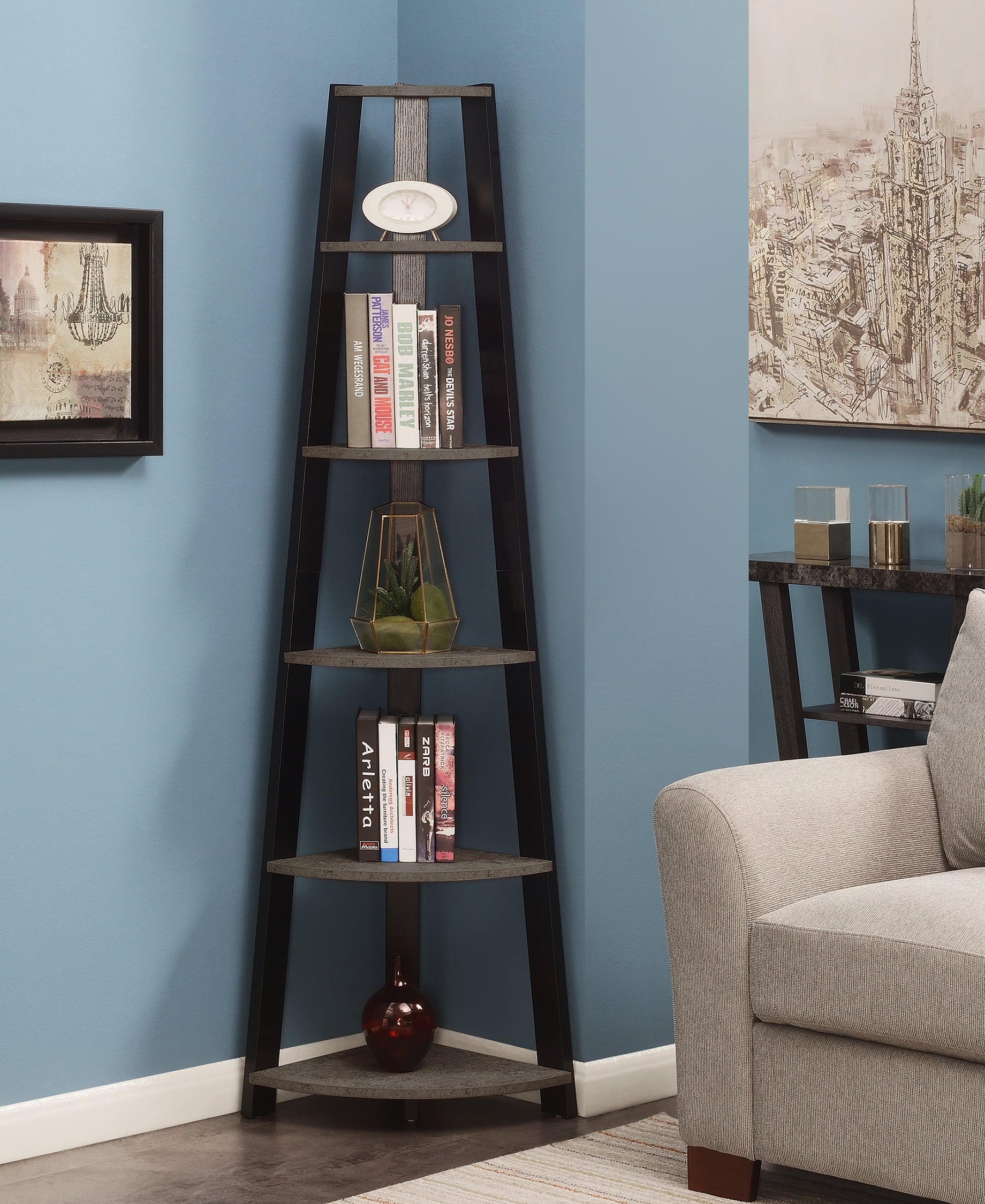 Convenience Concepts Newport 5 Tier Corner Bookshelf, Faux Cement/Black