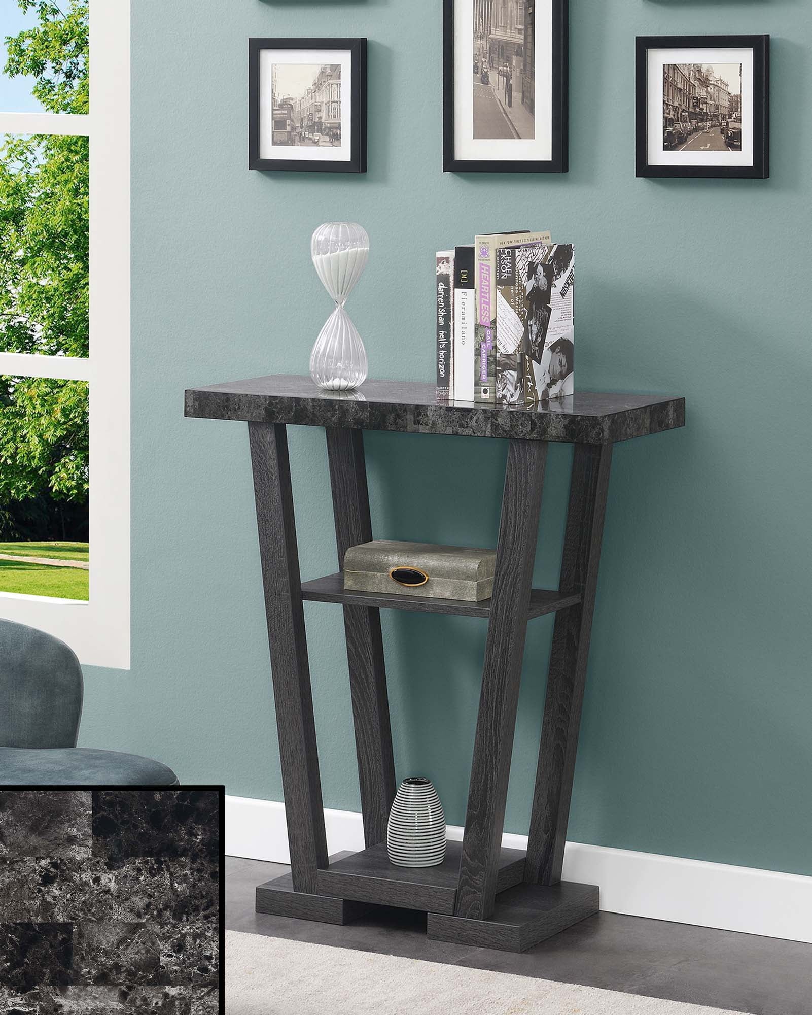 Convenience Concepts Newport V Console Table in Gray Wood with Faux Marble Top