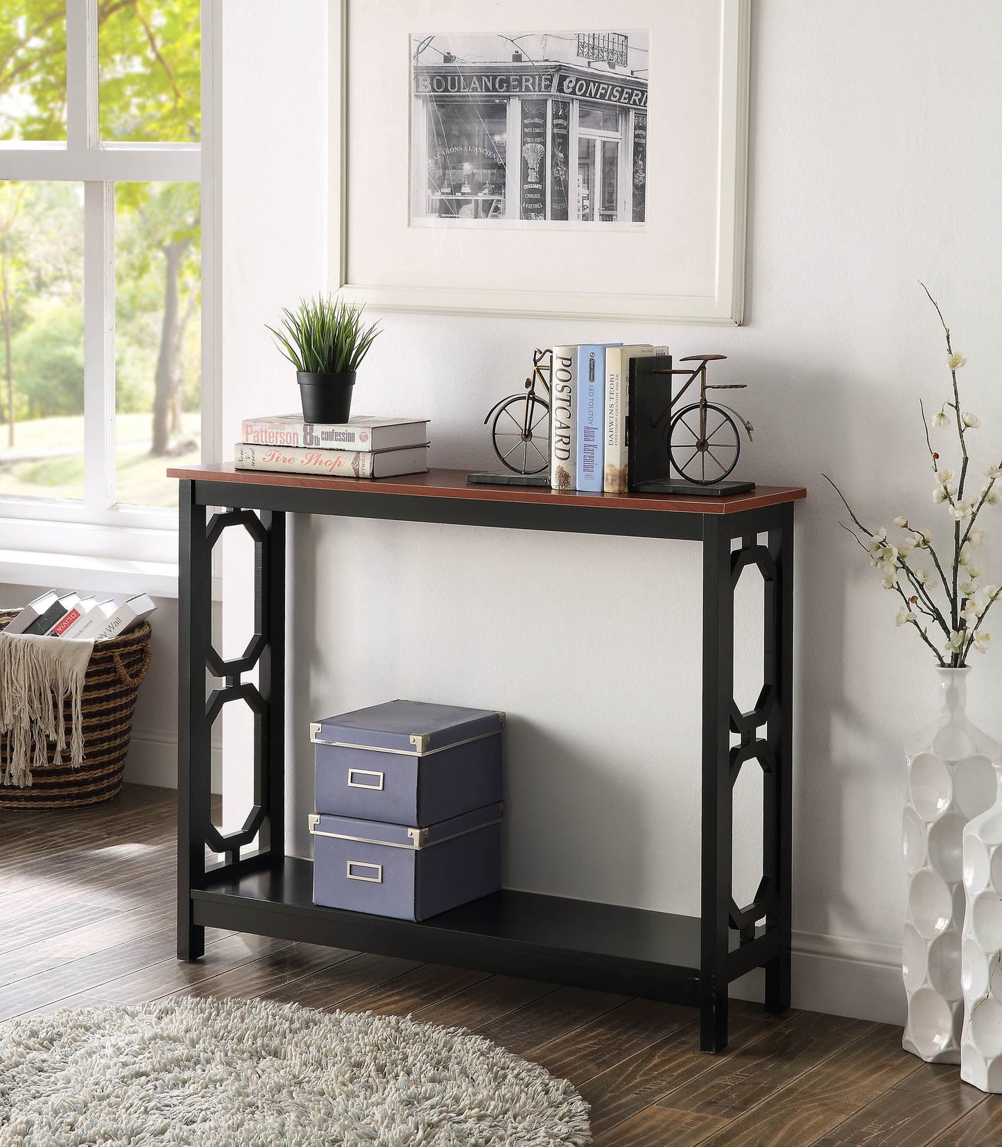 Convenience Concepts Omega Console Table with Shelf, Cherry/Black