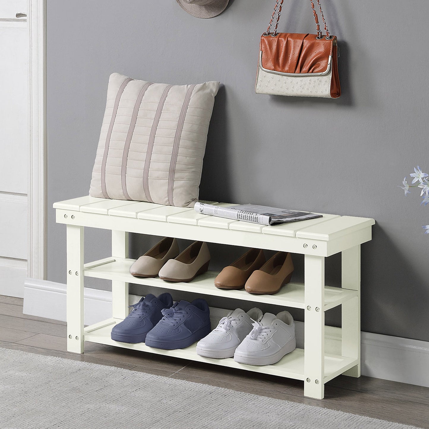 Convenience Concepts Oxford Utility Mudroom Bench with Shelves, Ivory