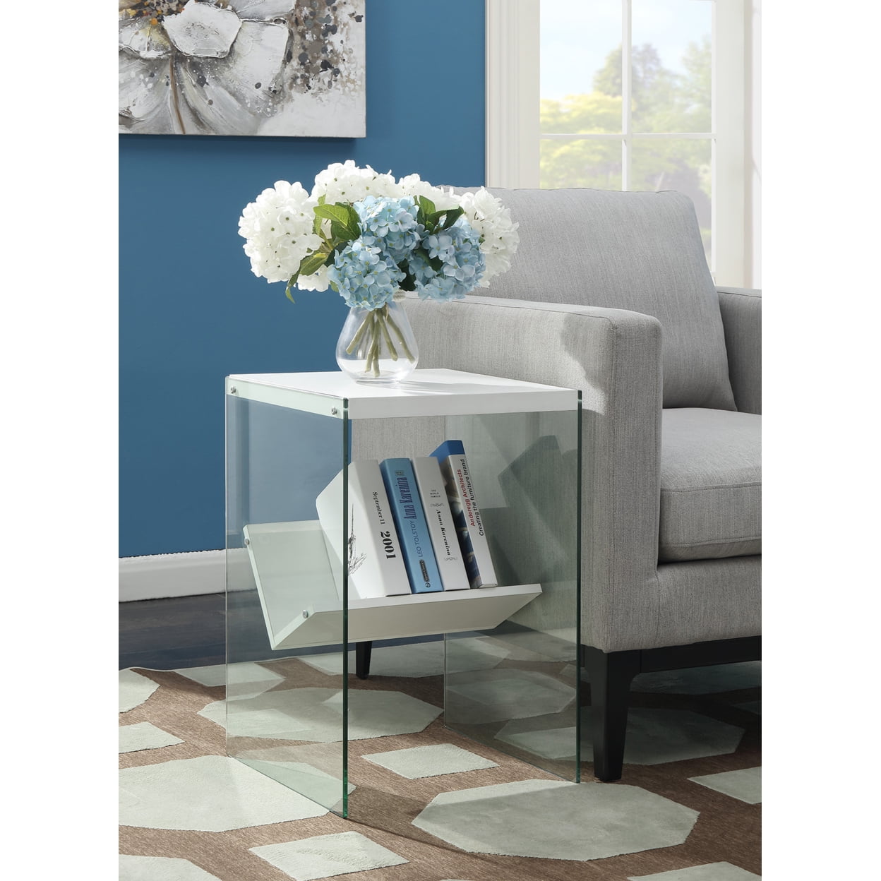 Convenience Concepts SoHo End Table in White Wood Finish and Clear Glass