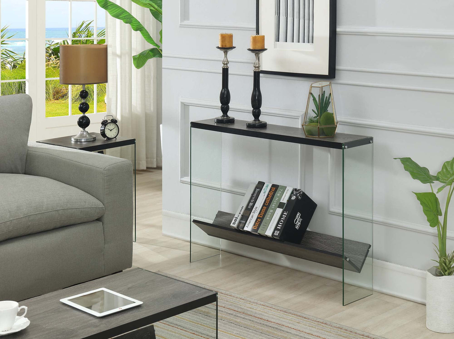 Convenience Concepts SoHo Glass V Console Table with Shelf, Weathered Gray/Glass
