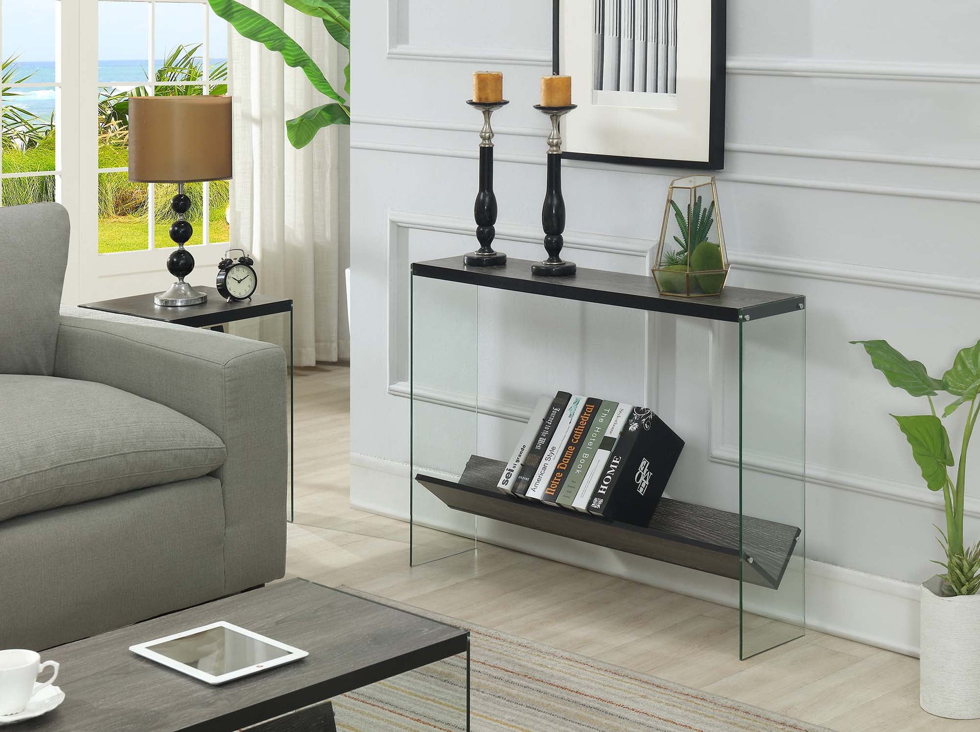 Convenience Concepts SoHo Glass V Console Table with Shelf, Weathered Gray/Glass