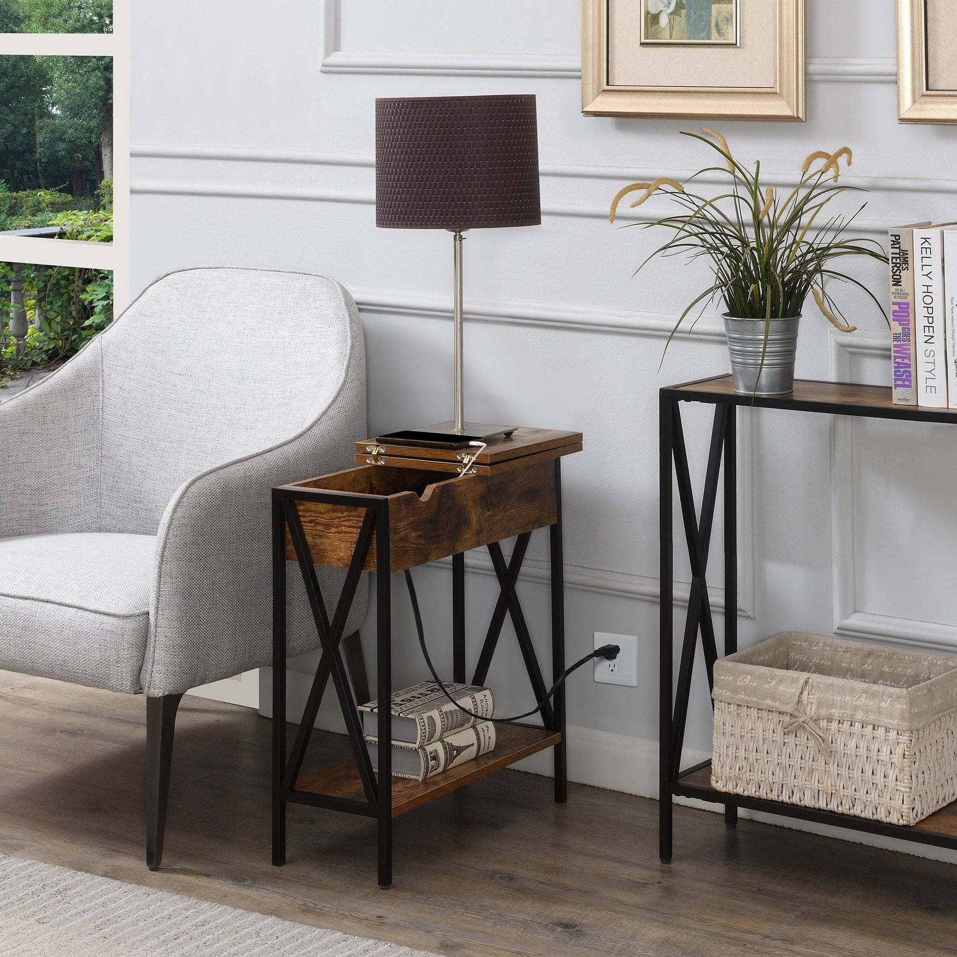 Convenience Concepts Tucson Flip Top End Table with Charging Station and Shelf, Barnwood/Black