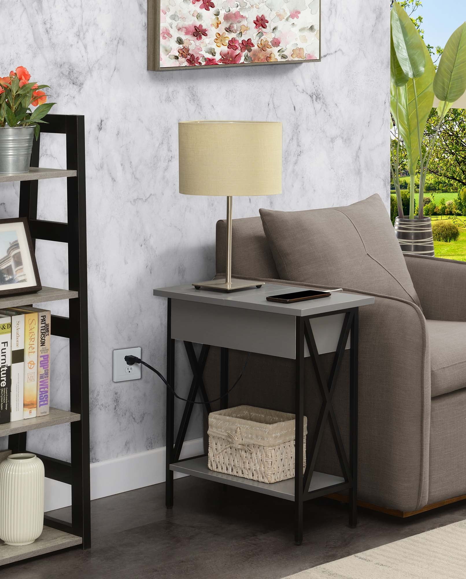 Convenience Concepts Tucson Flip Top End Table with Charging Station and Shelf, Multiple Finishes