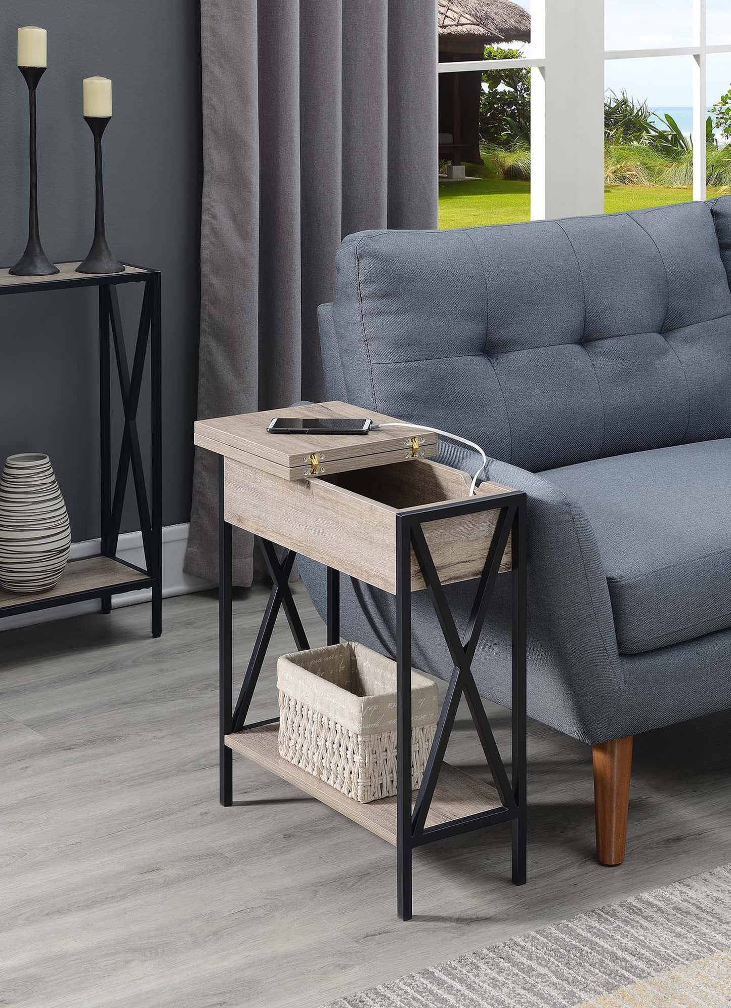 Convenience Concepts Tucson Flip Top End Table with Charging Station and Shelf, Sandstone/Black