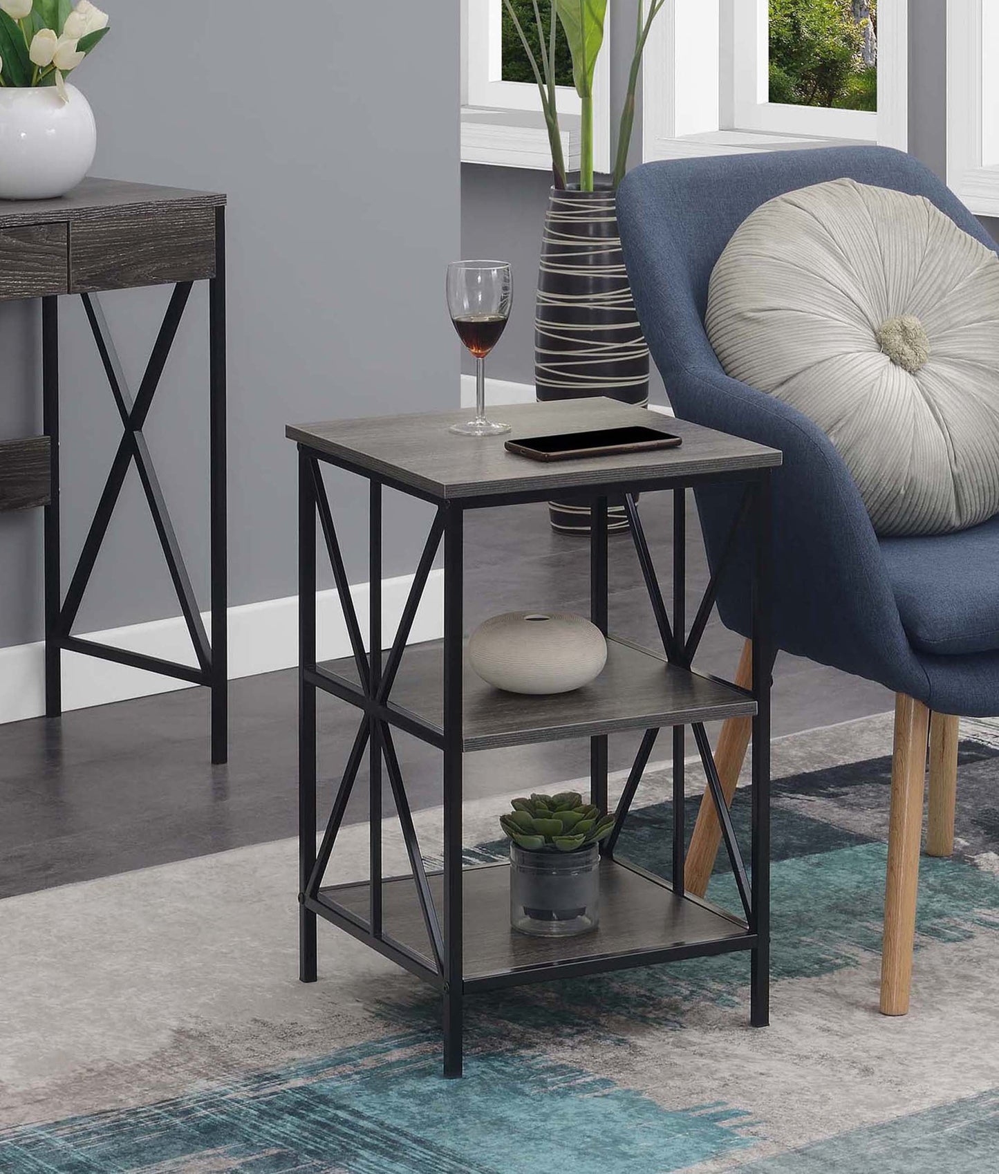 Convenience Concepts Tucson Starburst End Table with Shelves, Barnwood/Black