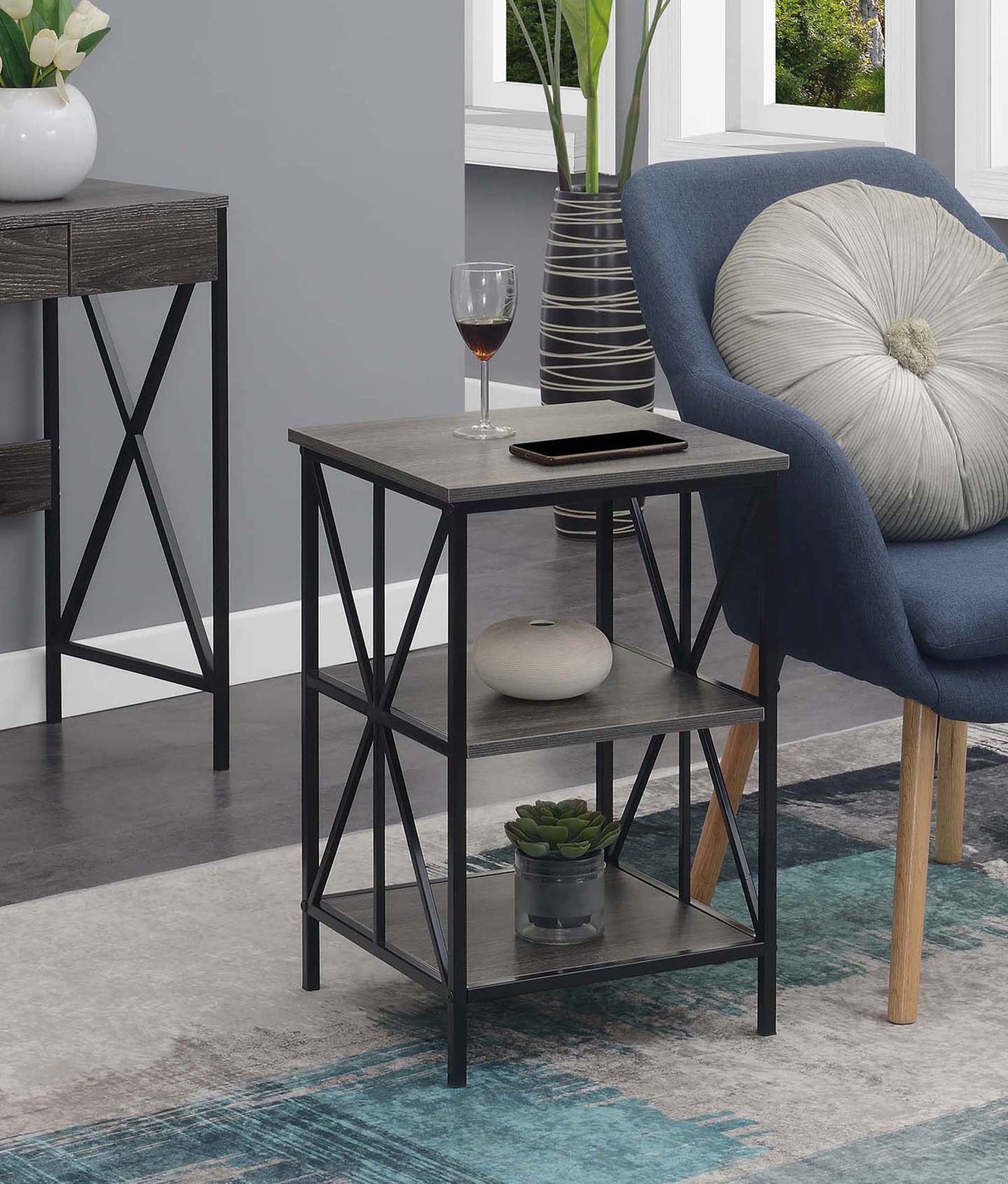 Convenience Concepts Tucson Starburst End Table with Shelves, Barnwood/Black