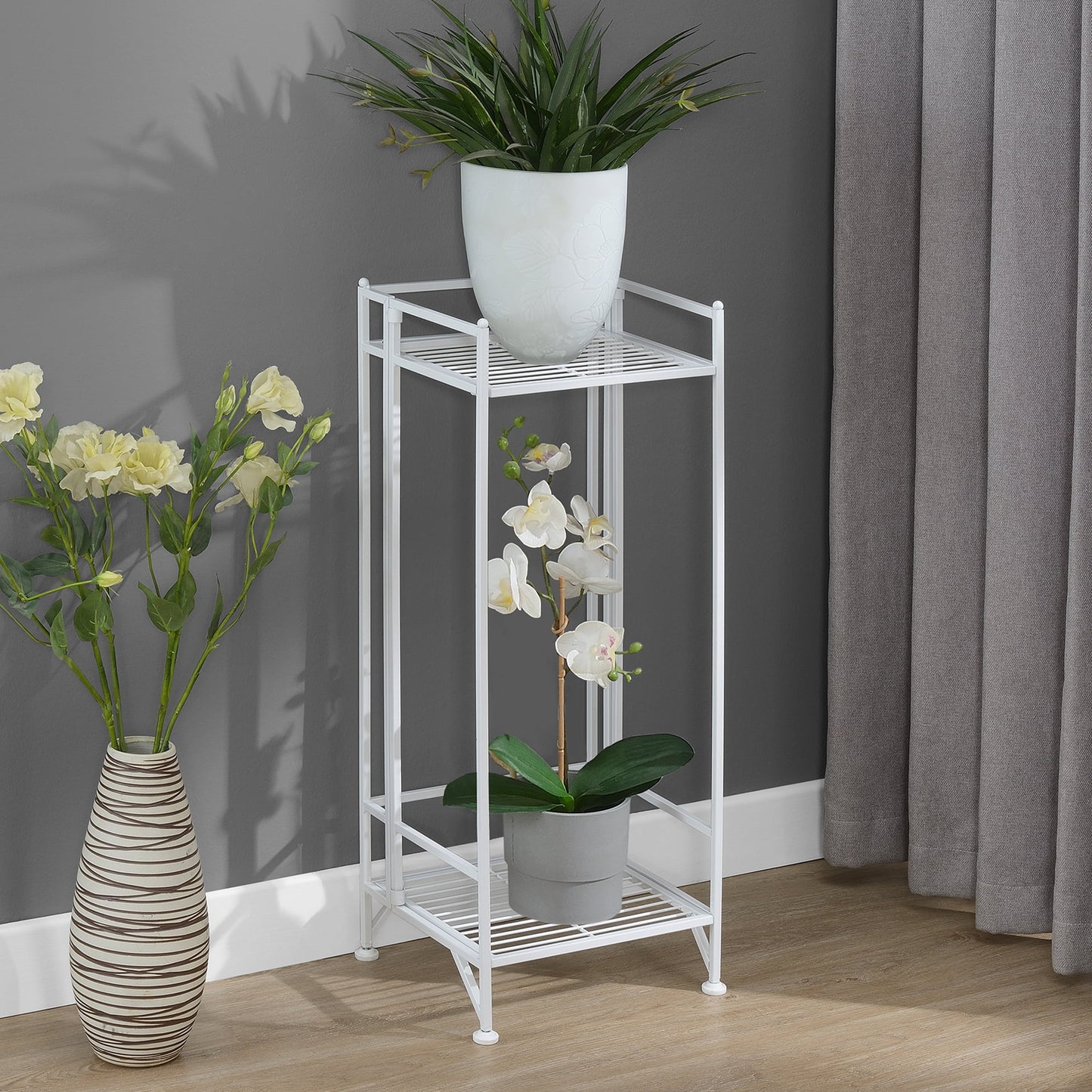 Convenience Concepts Xtra Storage 2 Tier Tall Folding Metal Plant Stand, White
