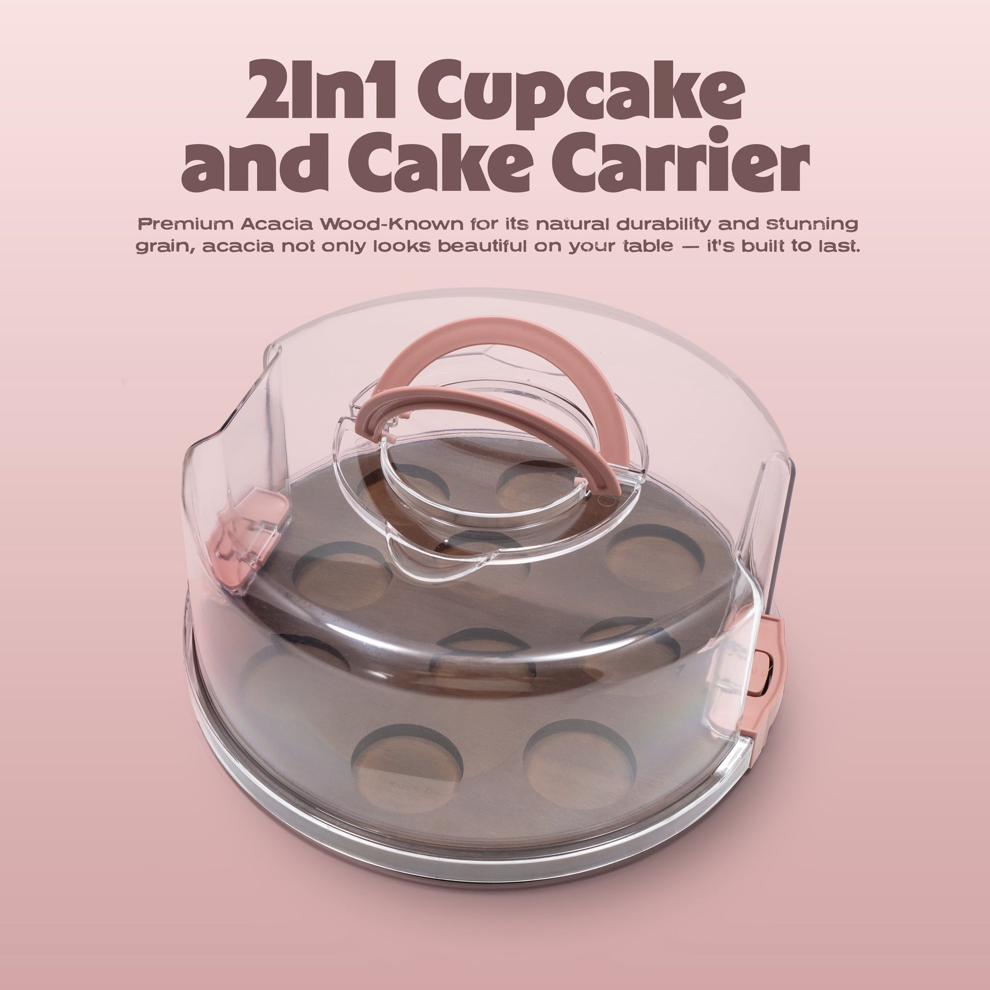 Cook with Color Acacia Wood Cake and Cupcake Carrier with Reversible Tray and Locking Lid, Round, Ideal Use for Entertaining and Party Transportation
