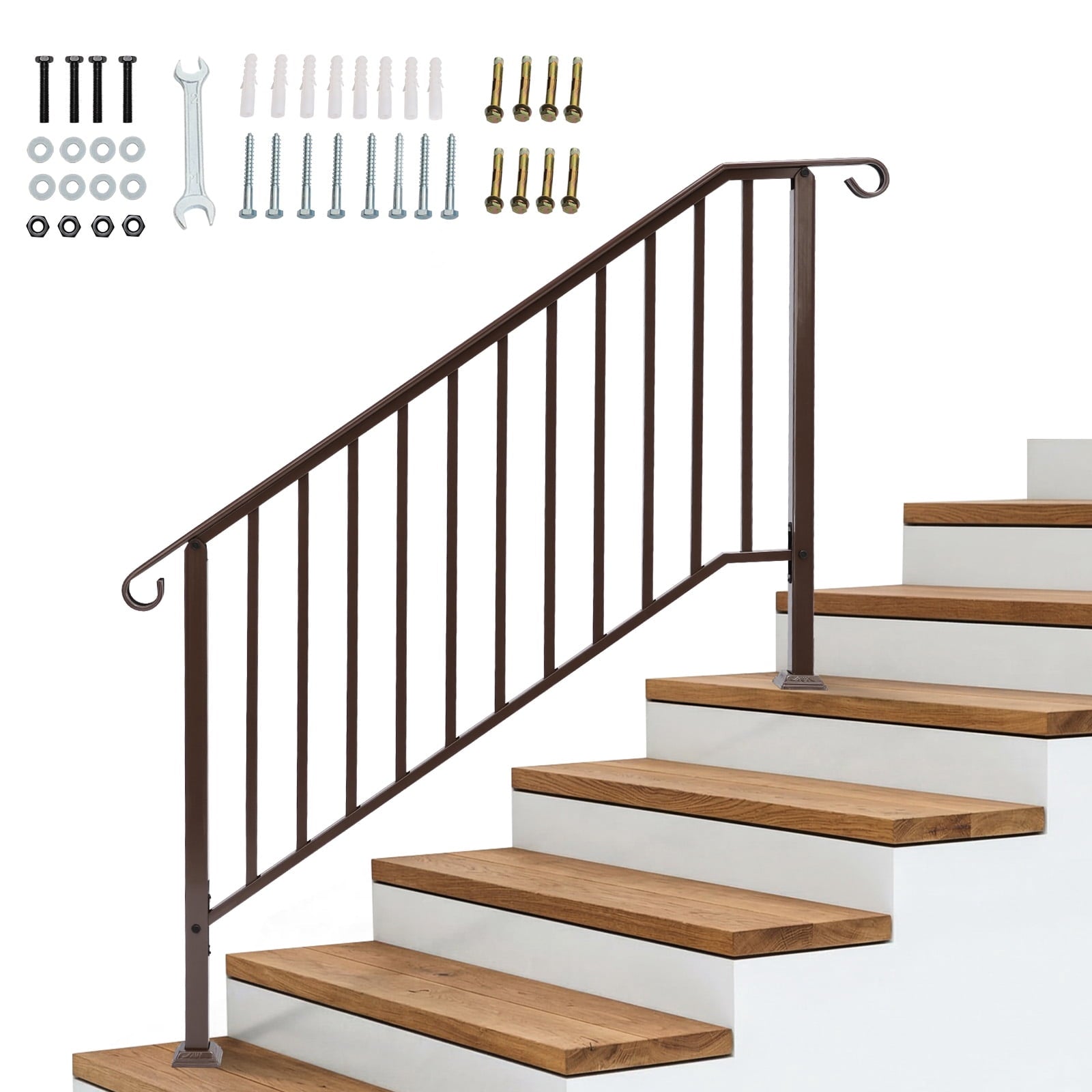 Copper Galvanized Iron Stair Handrail Curved Step Railing Fit 4-5 Steps Outdoor Garden Steps Non-Rust Powder Coated Safety Picket Rail With Installation Hardware