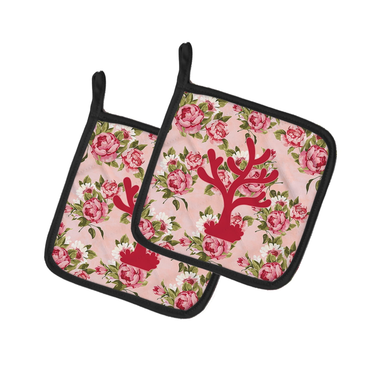 Coral Shabby Chic Pink Roses Pair of Pot Holders