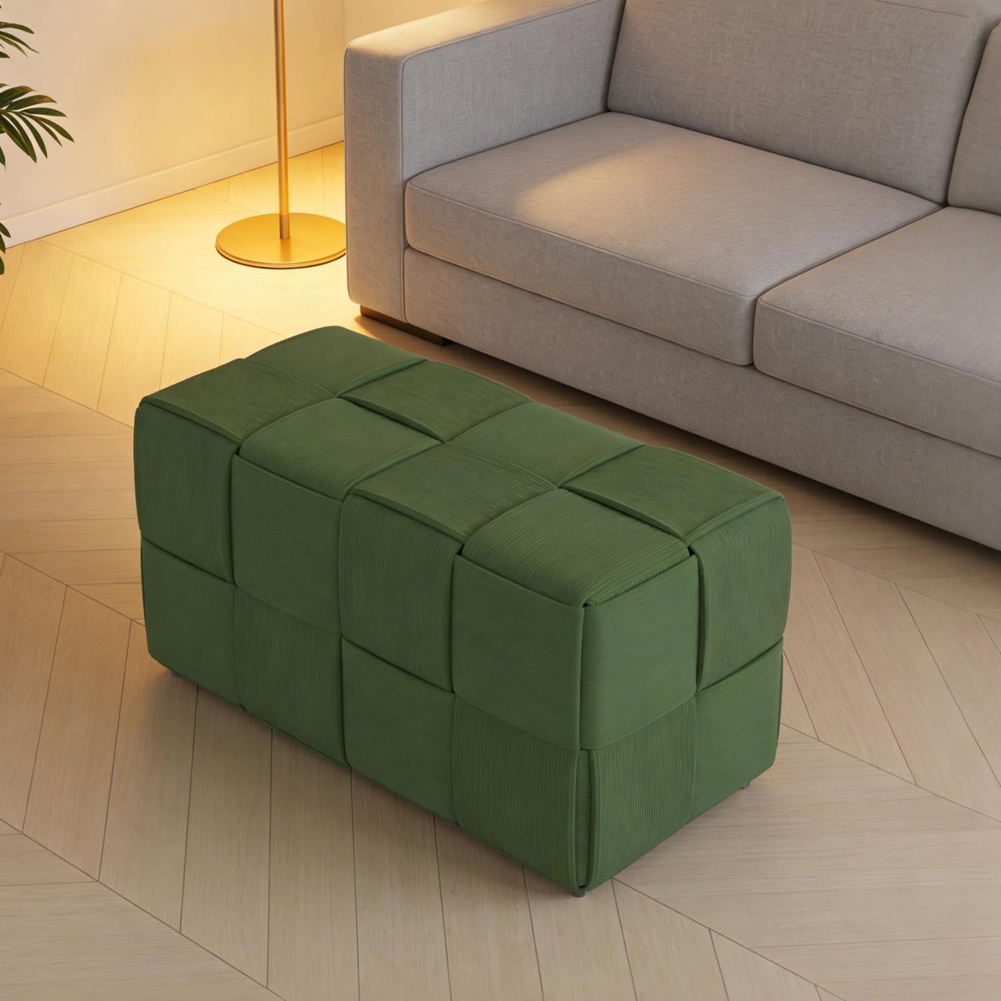 Corduroy Ottoman Foot Rest, Square Upholstered Stool with High-Density Foam and Wood Frame, 300 Lbs Capacity, Multi-Purpose Footstool for Living Room Bedroom Nursery, Green