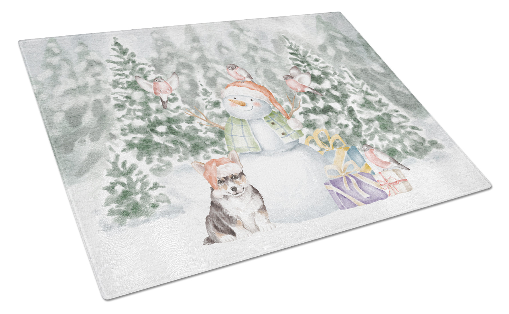 Corgi Puppy Black and Tan Points with Christmas Presents Glass Cutting Board Large 12 in x 15 in