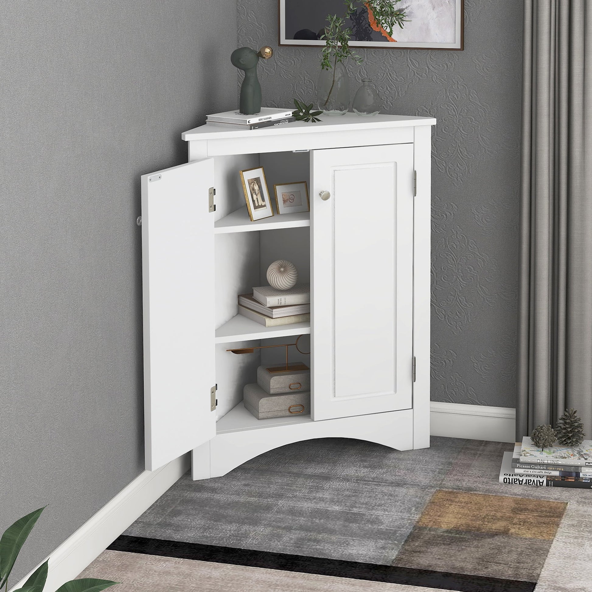 Corner Cabinet Storage Wooden Triangle Bathroom Storage Cabinet with Adjustable Shelves and Two Doors for Kitchen, Living Room and Hall White