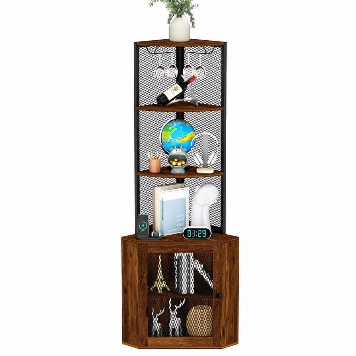 Corner Shelf with Doors, 65" Corner Cabinet & Wine Glass Rack, 6 Tier Bookshelf Display, Freestanding Corner Storage Stand for Kitchen, Living Room, Balcony