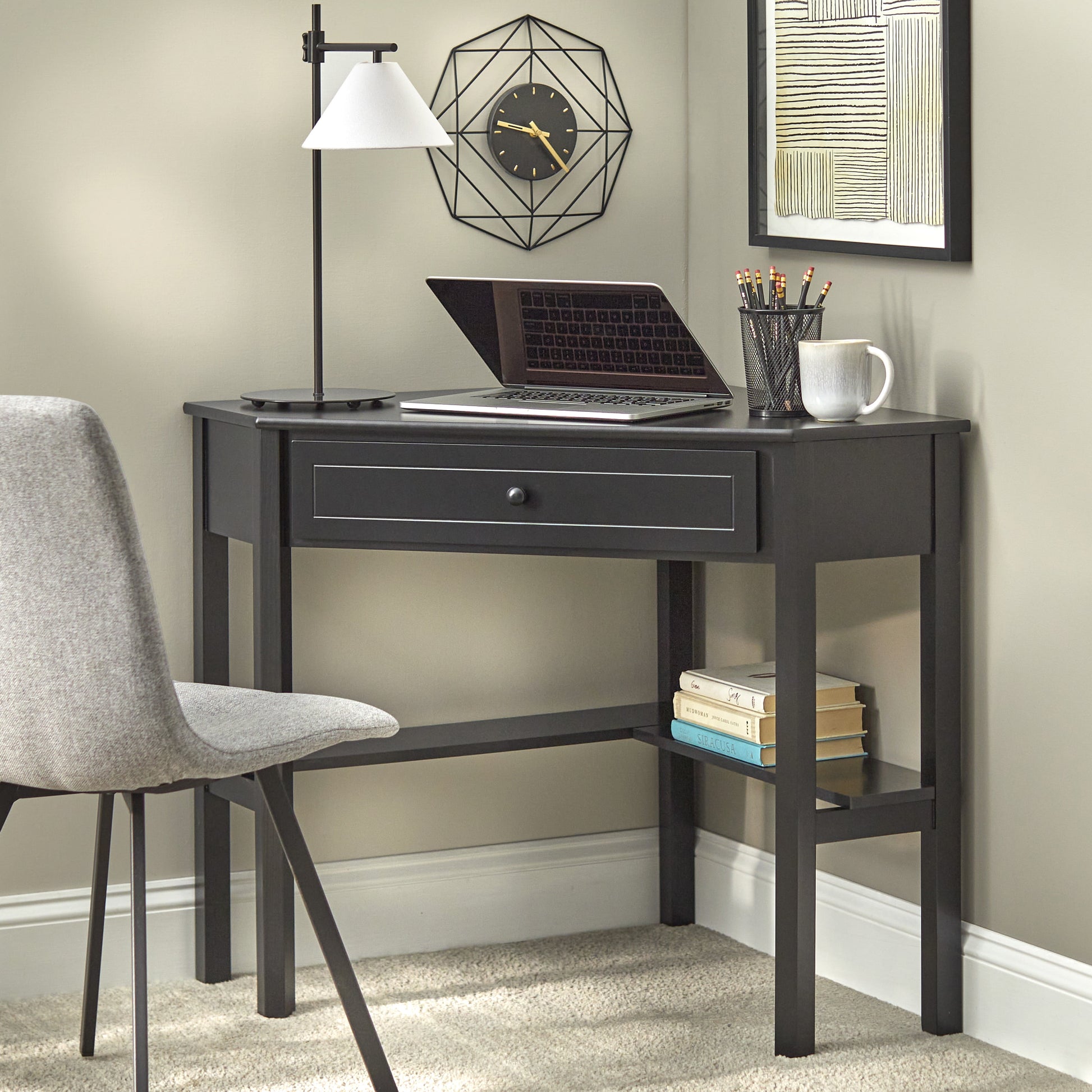 Corner Writing Desk with Pullout Drawer and Shelf, Multiple Finishes