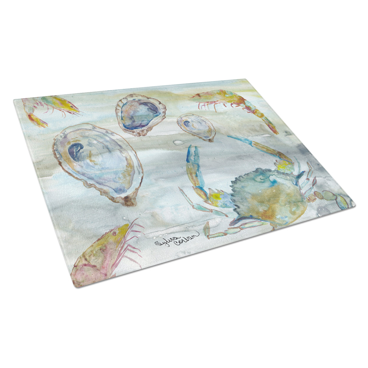 Crab, Shrimp and Oyster Watercolor Glass Cutting Board Large