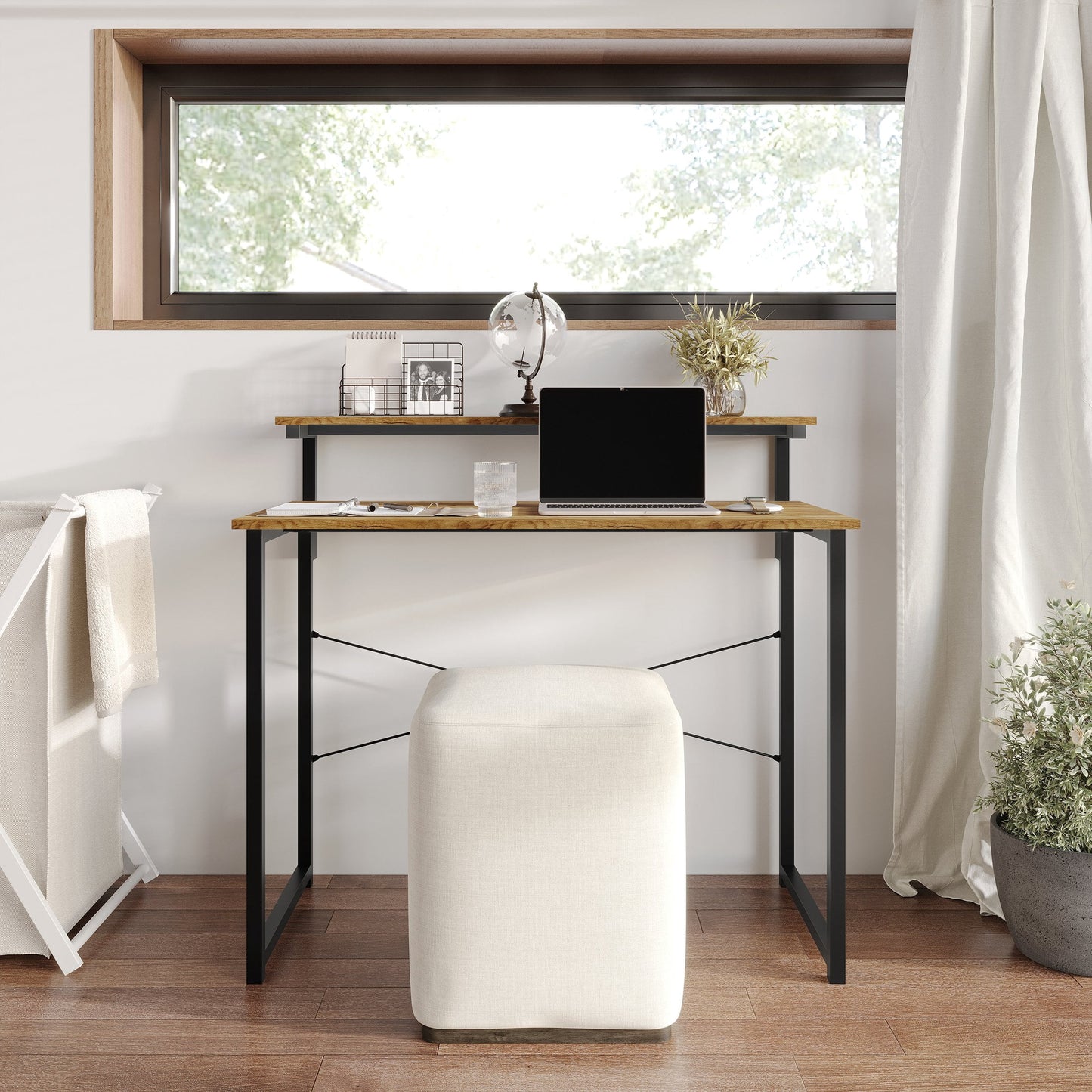 Castle Place Minimalist 39" Metal Computer Desk With Shelf, Light Oak