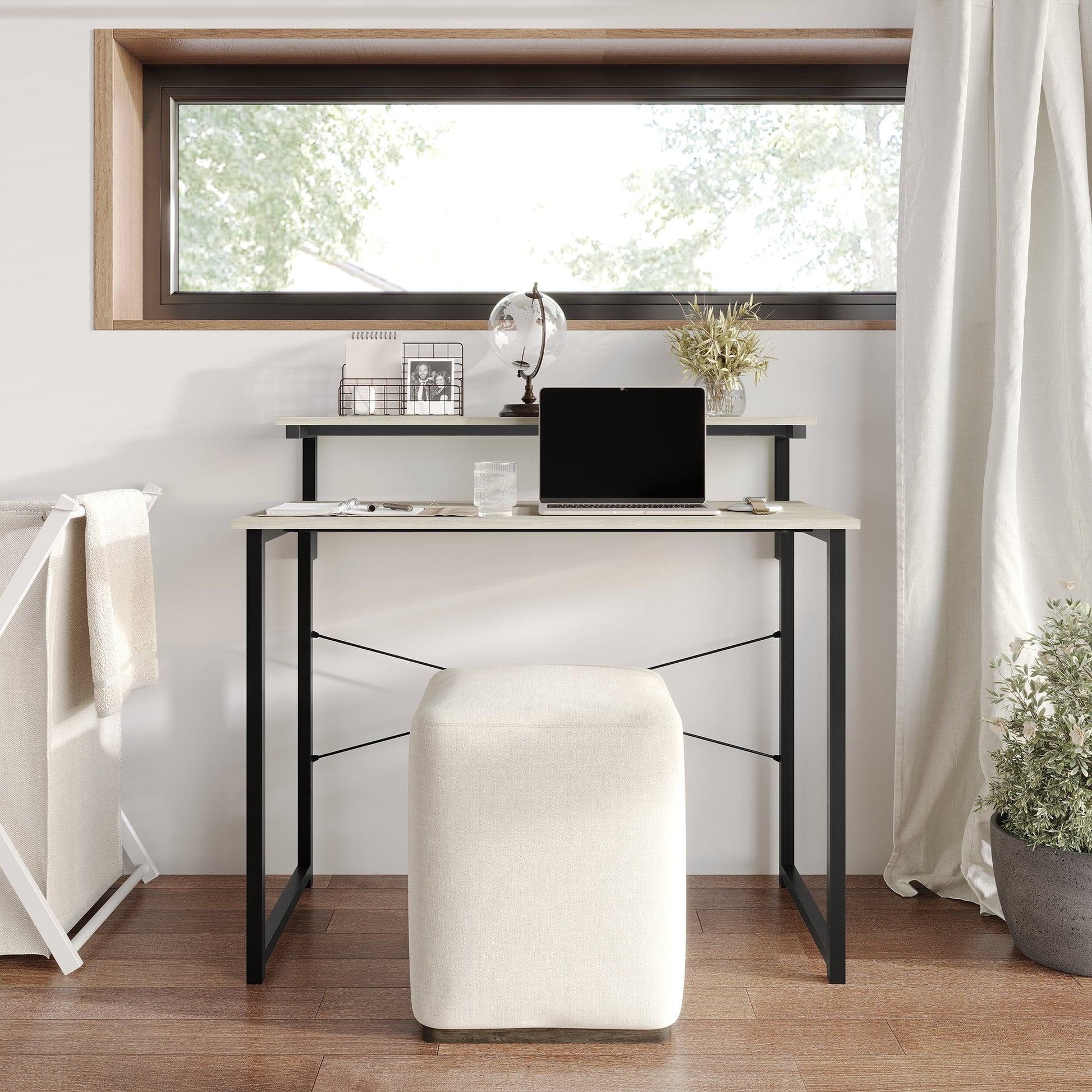 Castle Place Minimalist 39" Metal Computer Desk With Shelf, Light Grey